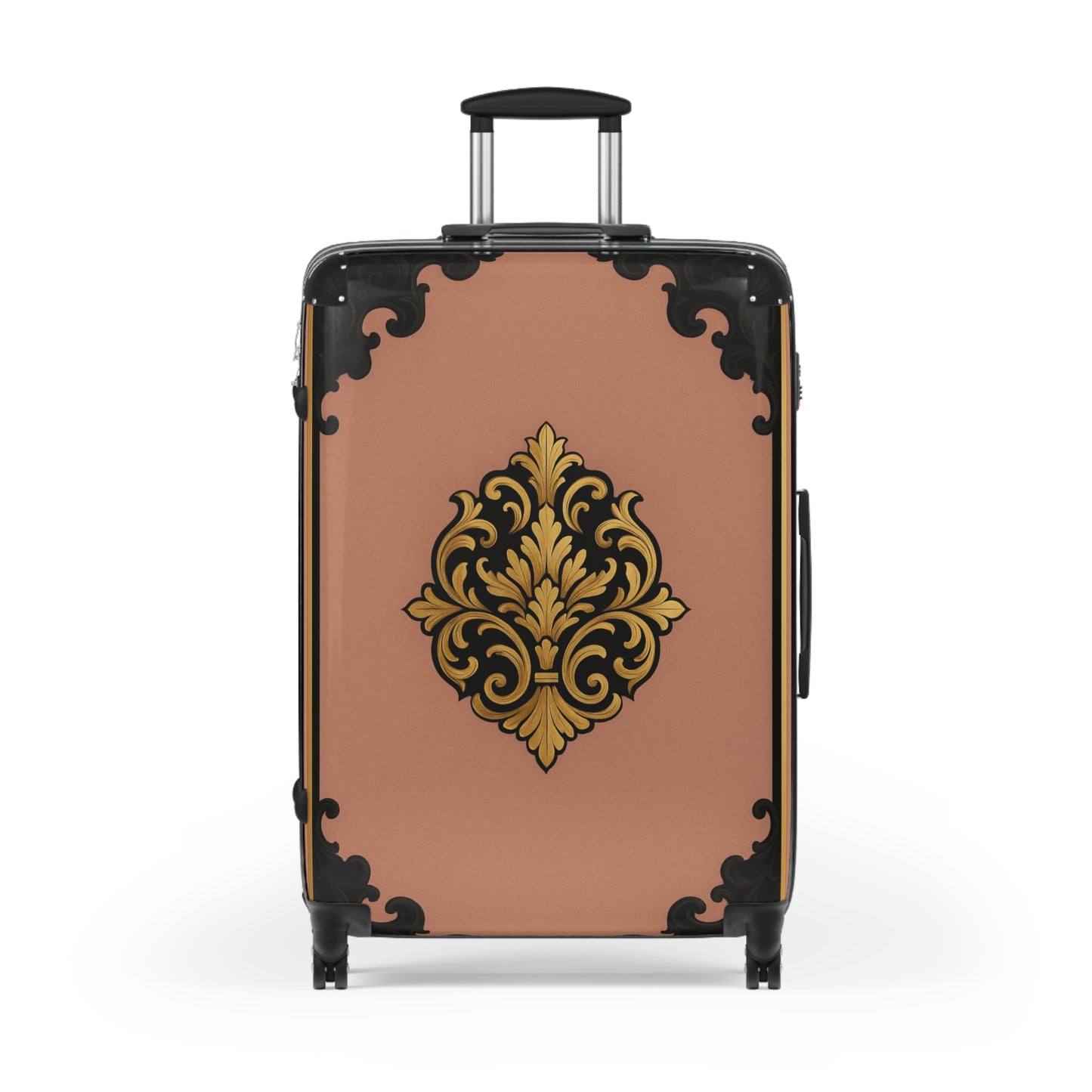 Mauve & Black-Gold Baroque Carry-On Suitcase with Elegant Gold Baroque Design — Vintage Travel Luggage