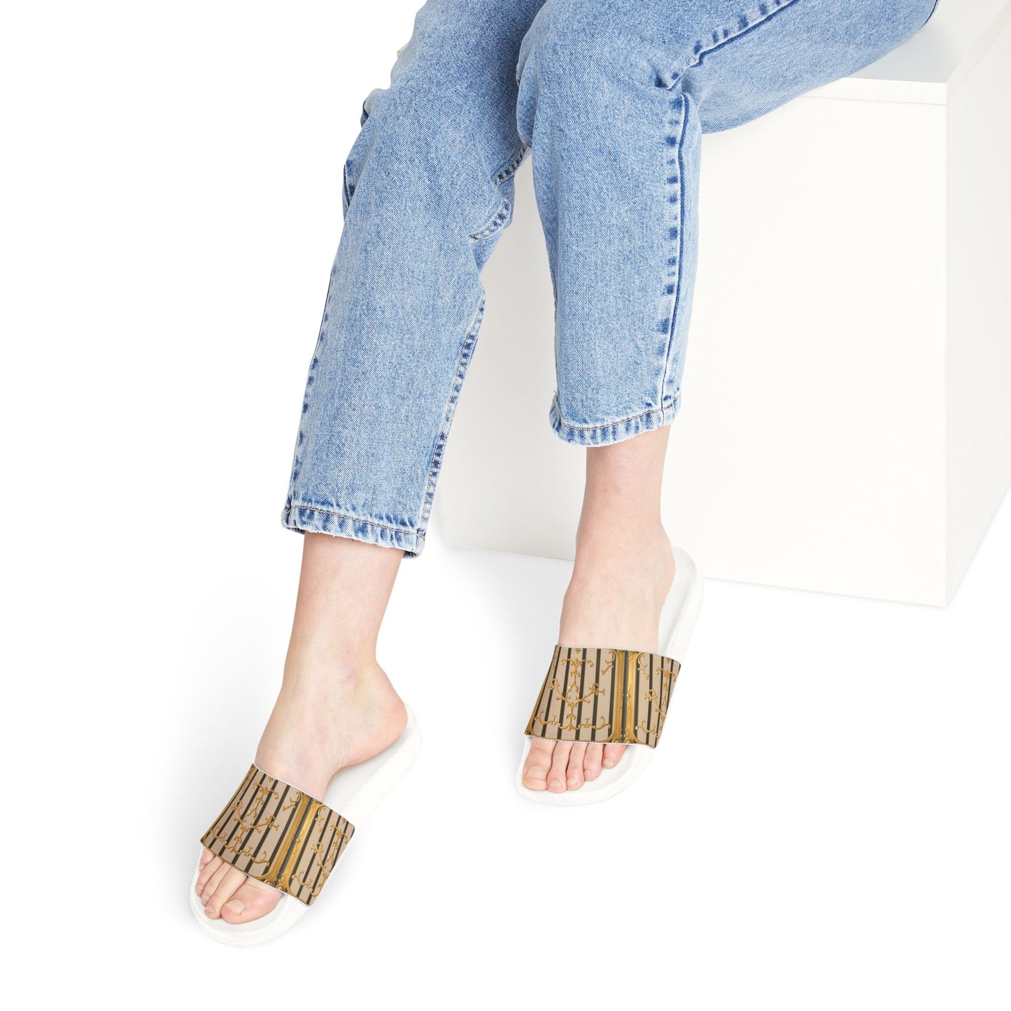 Stylish Women's Removable-Strap Sandals, Summer Footwear, Vacation Slides, Beach Essentials - Beige Striped Gold Rococo