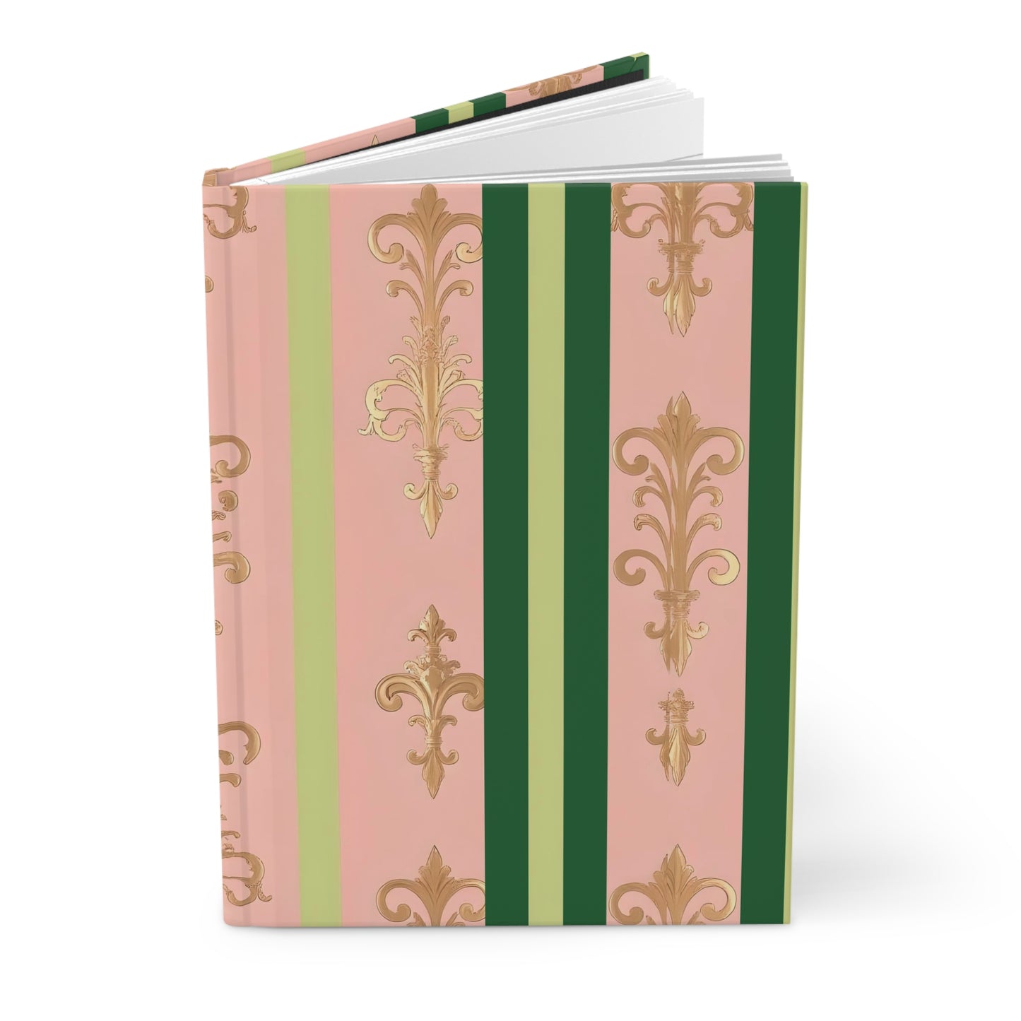 Elegant Floral Hardcover Journal - Stylish Writing Notebook - Lime Green & Pink Striped Damask