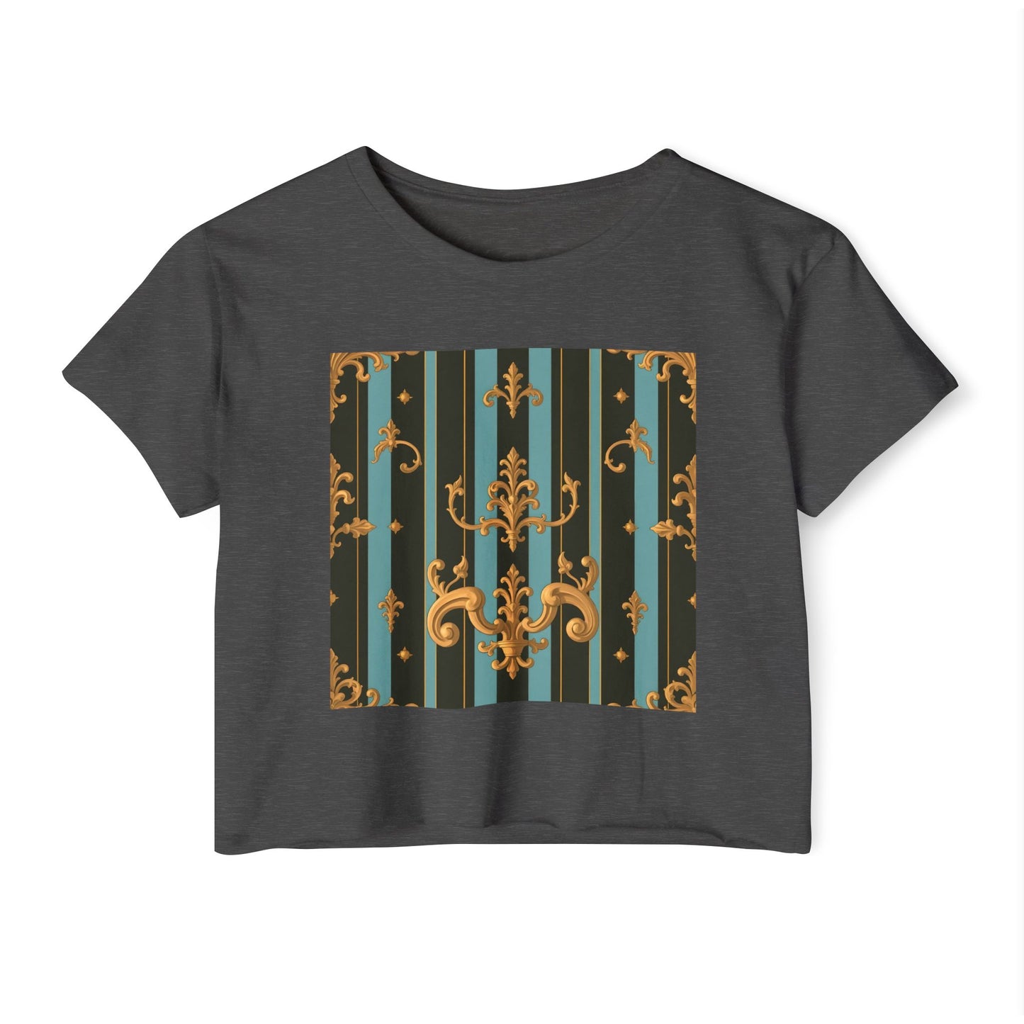 Boho Festival Crop Top, Trendy Summer Top, Stylish Women’s Crop Tee, Perfect for Music Festivals, Casual Wear - Black & Turquoise Striped Baroque