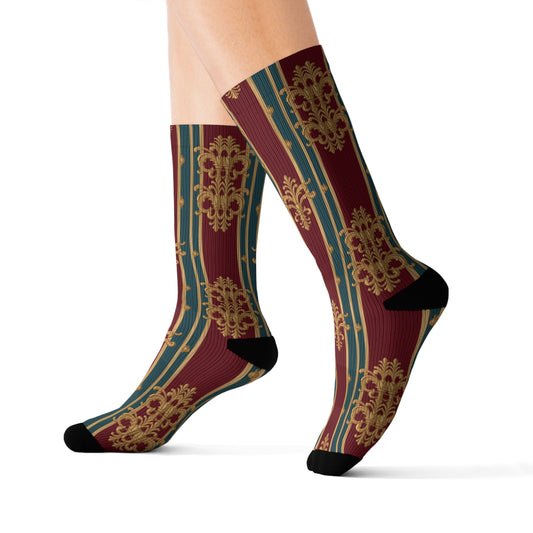 Elegant Unisex Patterned Sublimation Socks, Stylish Dress Socks, Unique Gift, Cozy Fashion Accessory - Burgundy Striped Gold Baroque
