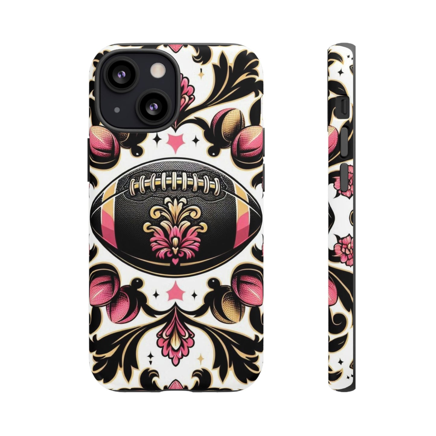 Elegant Floral Motif Phone Case - Tough Cases with Vintage Design - Damask White, Pink Gold & Black Football