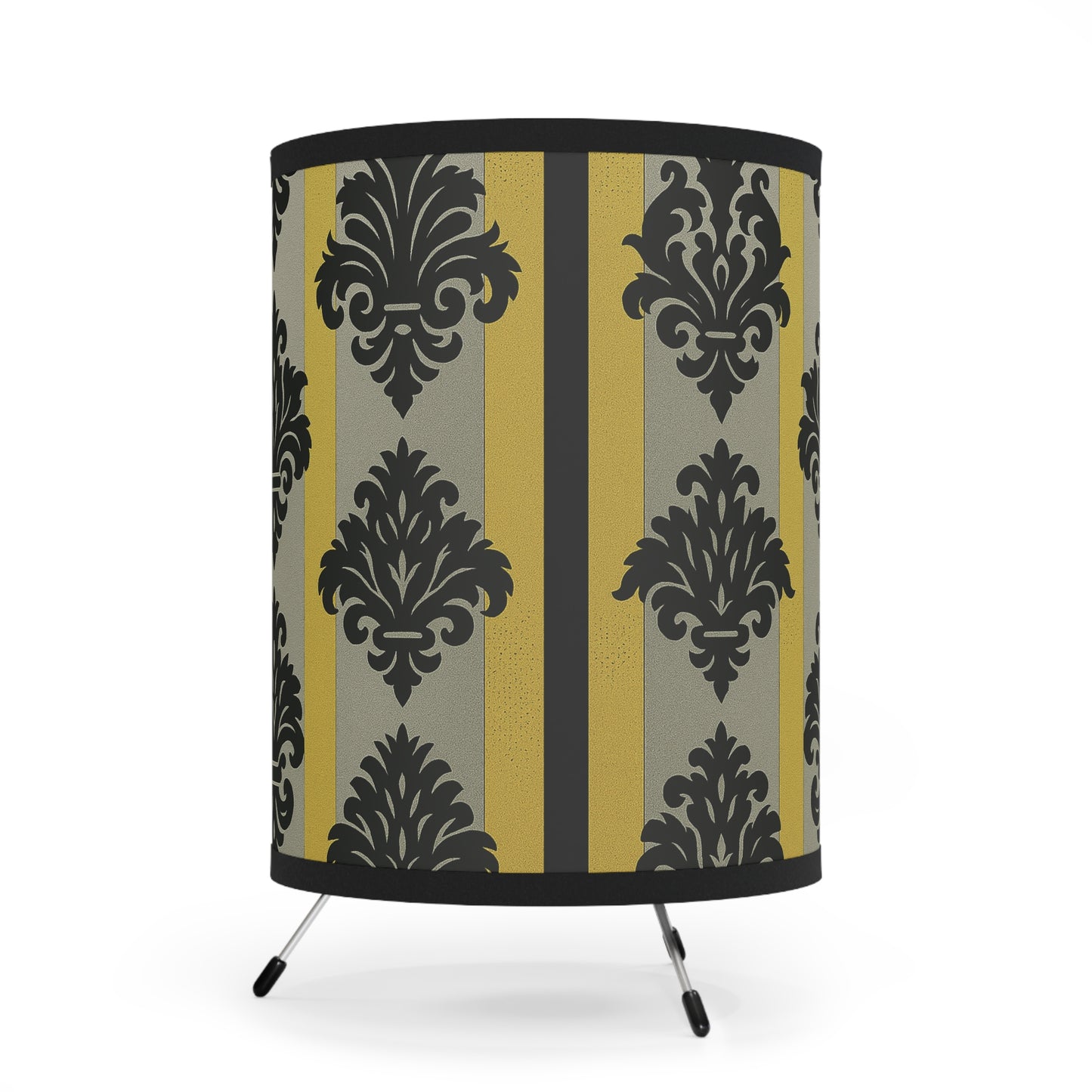 Elegant Tripod Lamp with High-Res Printed Damask Shade, Handmade Home Decor, Cozy Lighting - - Silver & Gold Striped Black Baroque