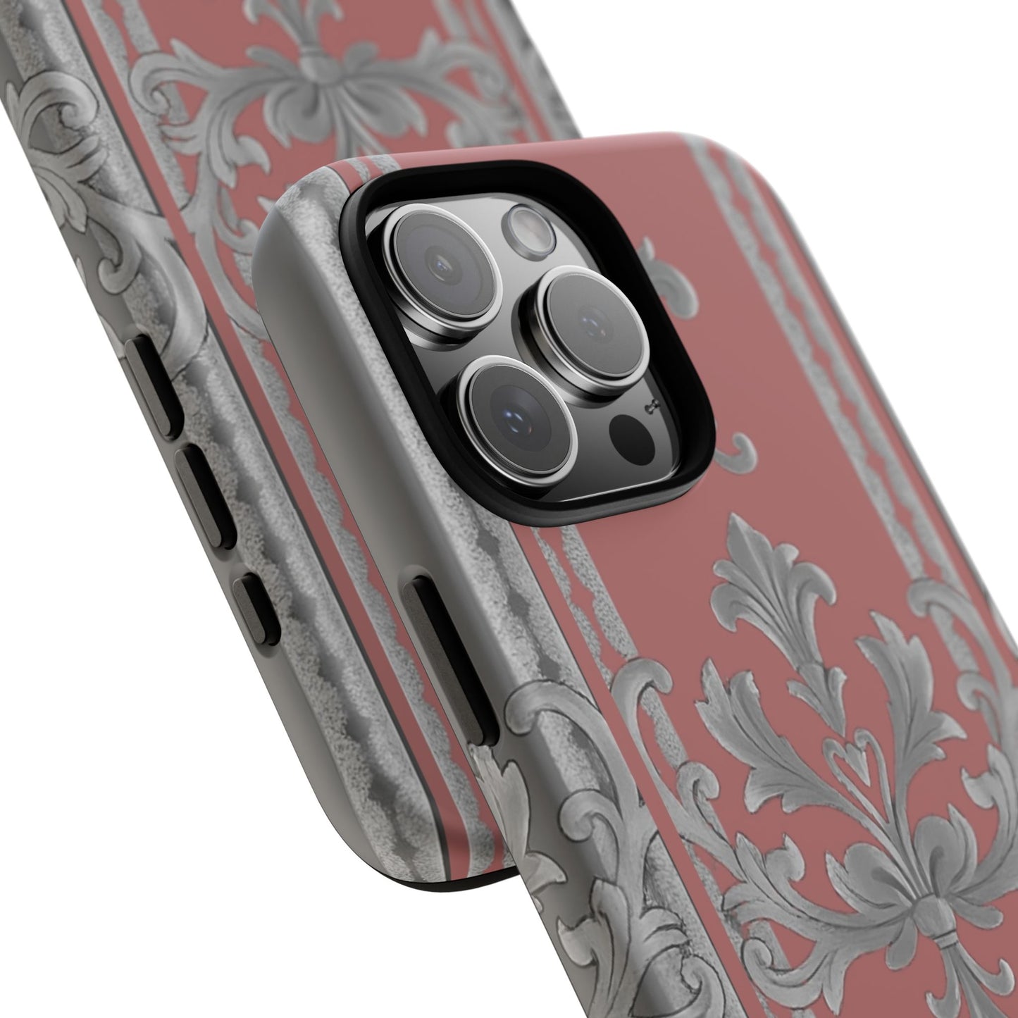 Elegant Floral Phone Case - Tough Cases for Stylish Protection - Gray & Mauve Striped Baroque
