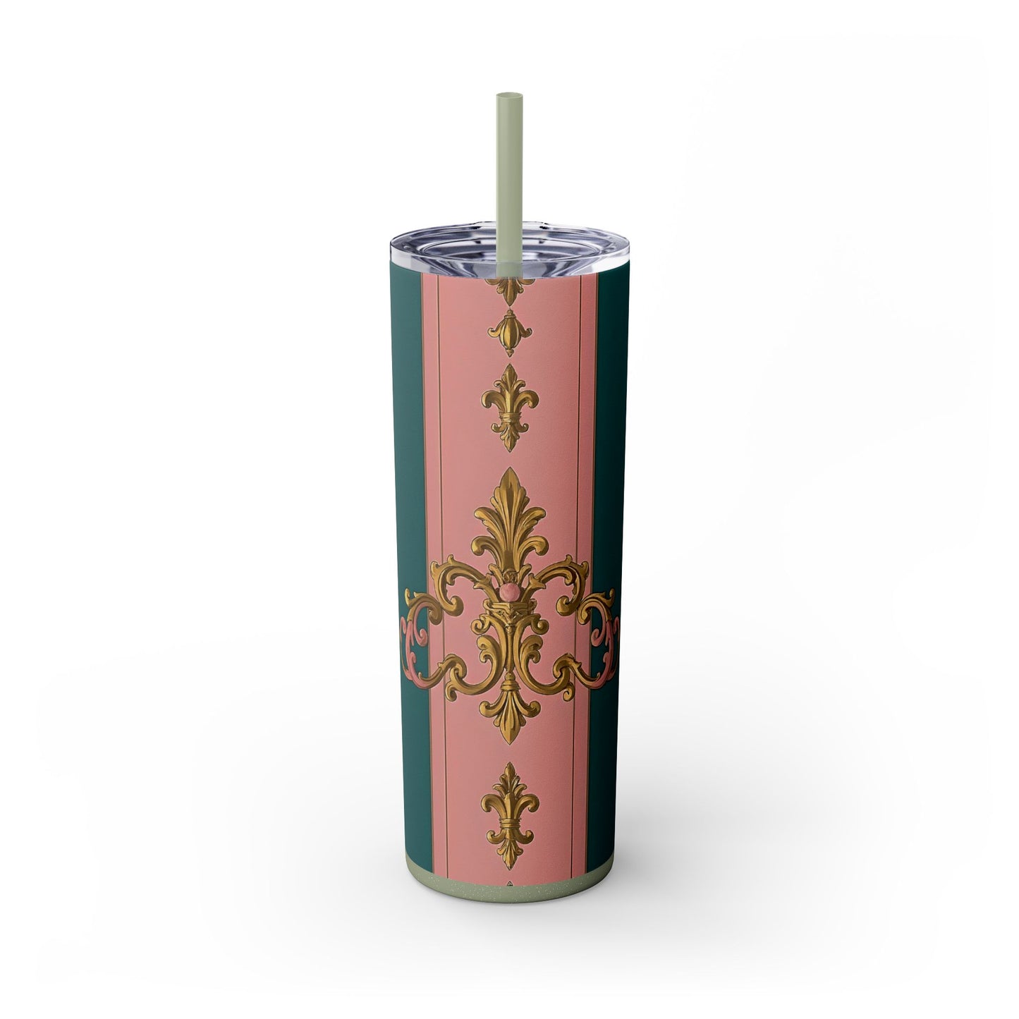 Elegant Pink and Green Skinny Tumbler with Straw, 20oz - Ideal for Gifts, Travel, Home, Events - Pink & Teal Striped Gold Baroque
