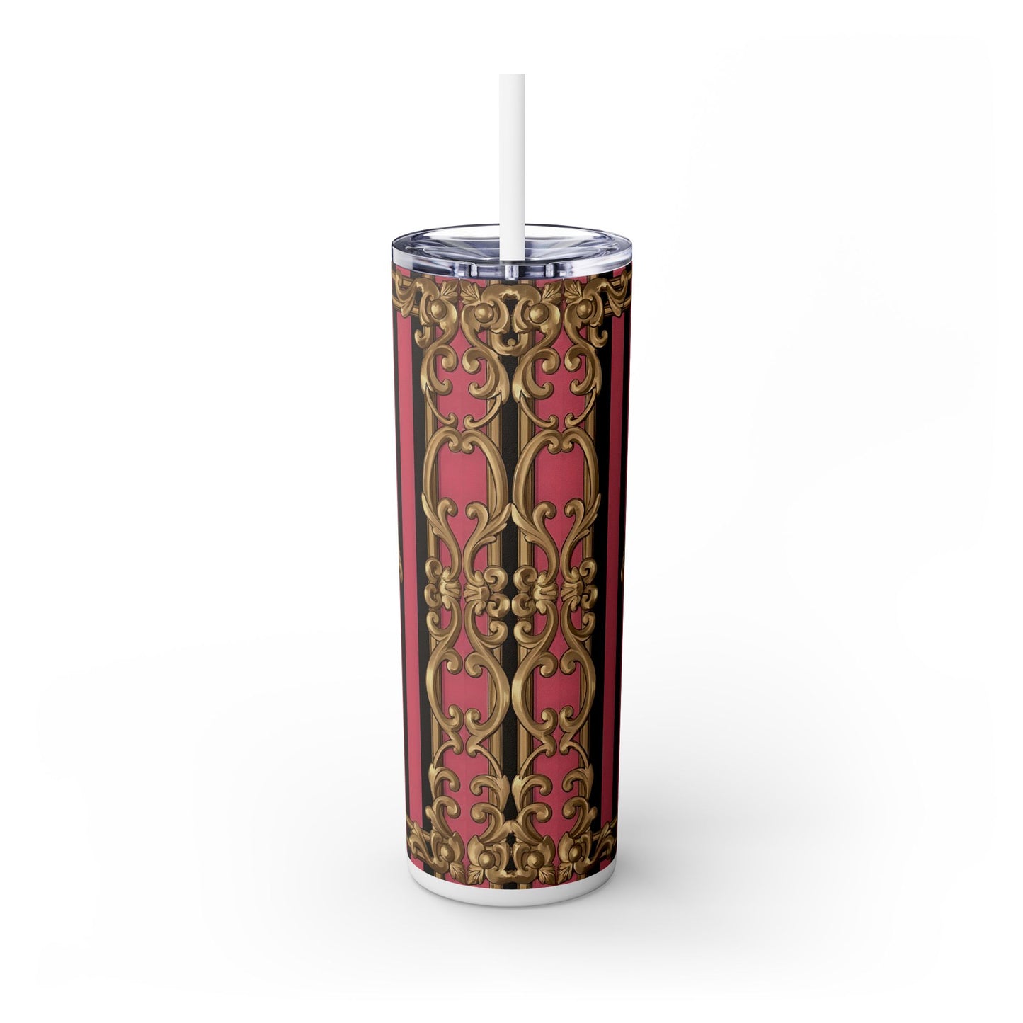 Elegant Pink Striped Skinny Tumbler with Straw, 20oz, Stylish Drinkware, Custom Gift Idea, Travel Mug, Wedding Gift - Pink Striped Gold Rococo