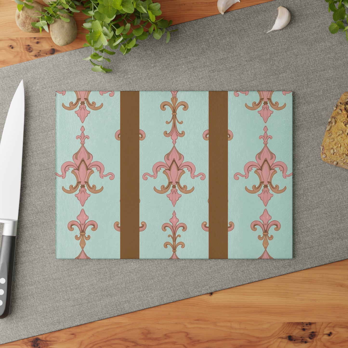 Elegant Floral Glass Cutting Board | Kitchen Decor, Wedding Gift, Home Cooking, Housewarming, Stylish Chopping Board - Brown Striped Pink Arabesque