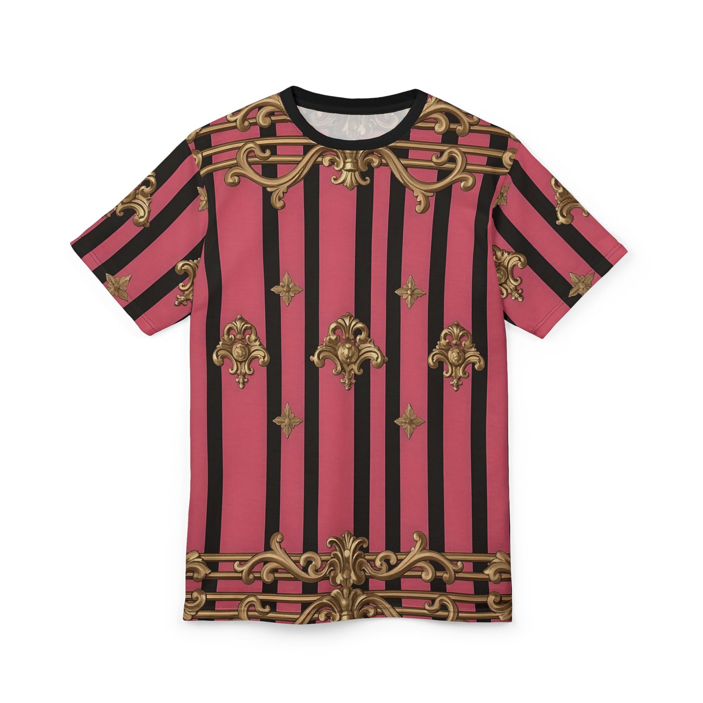 Luxurious Baroque Pattern Unisex Tee, Fashion Tee, Graphic T-shirt, Gift for Her, Statement Tee, Casual Wear - Pink Striped Gold Rococo
