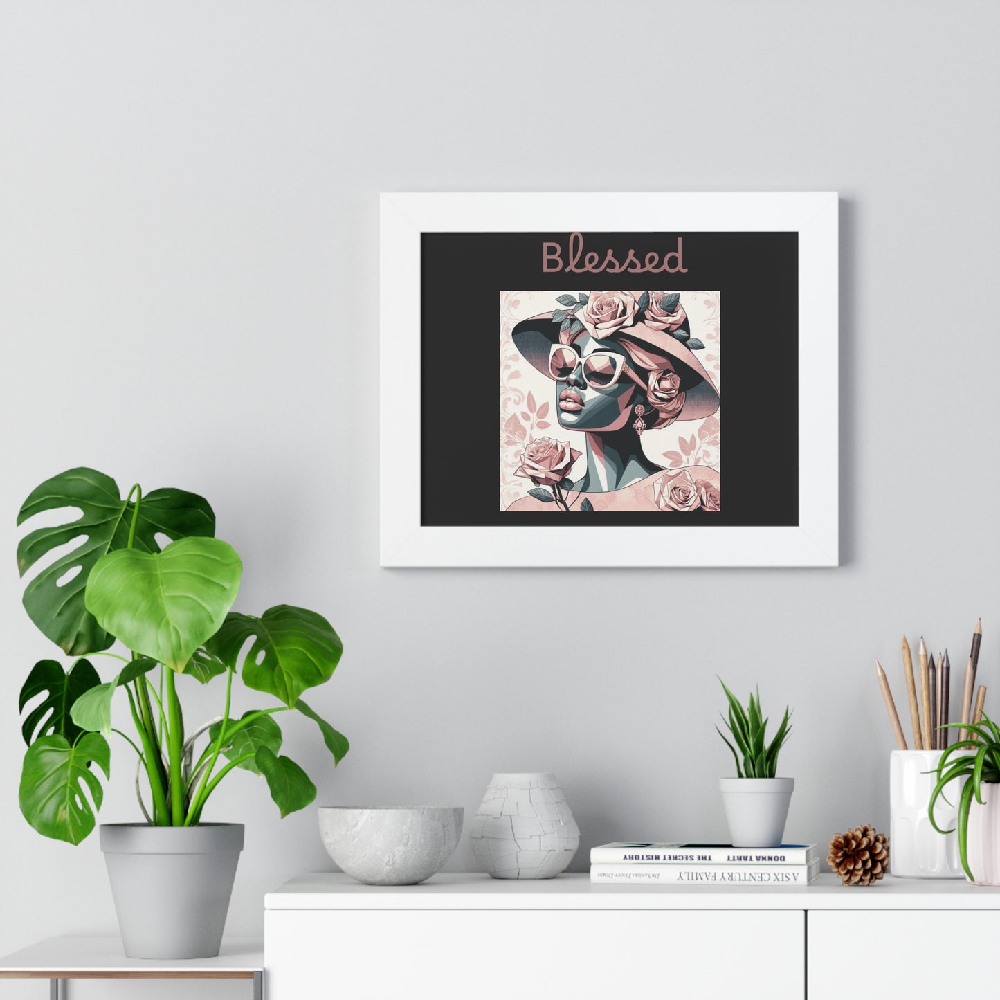 Framed Art Print: Blessed Floral Wall Decor, Inspirational Home Gift, Boho Art for Living Room, Stylish Gift for Friends, Modern Wall Art