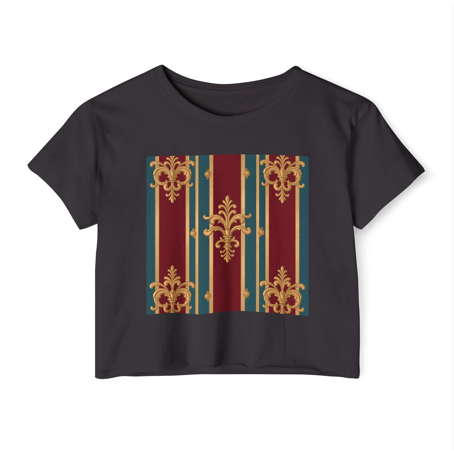 Baroque Chic Festival Crop Top | Women’s Floral Summer Tee, Outdoor Concert Wear, Vacation Top - Burgundy Striped Gold Baroque