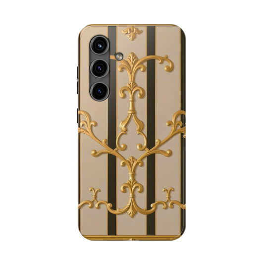 Elegant Vintage Tough Phone Case, Stylish Phone Cover, Boho Accessories, Perfect Gift for Her - Beige Striped Gold Rococo