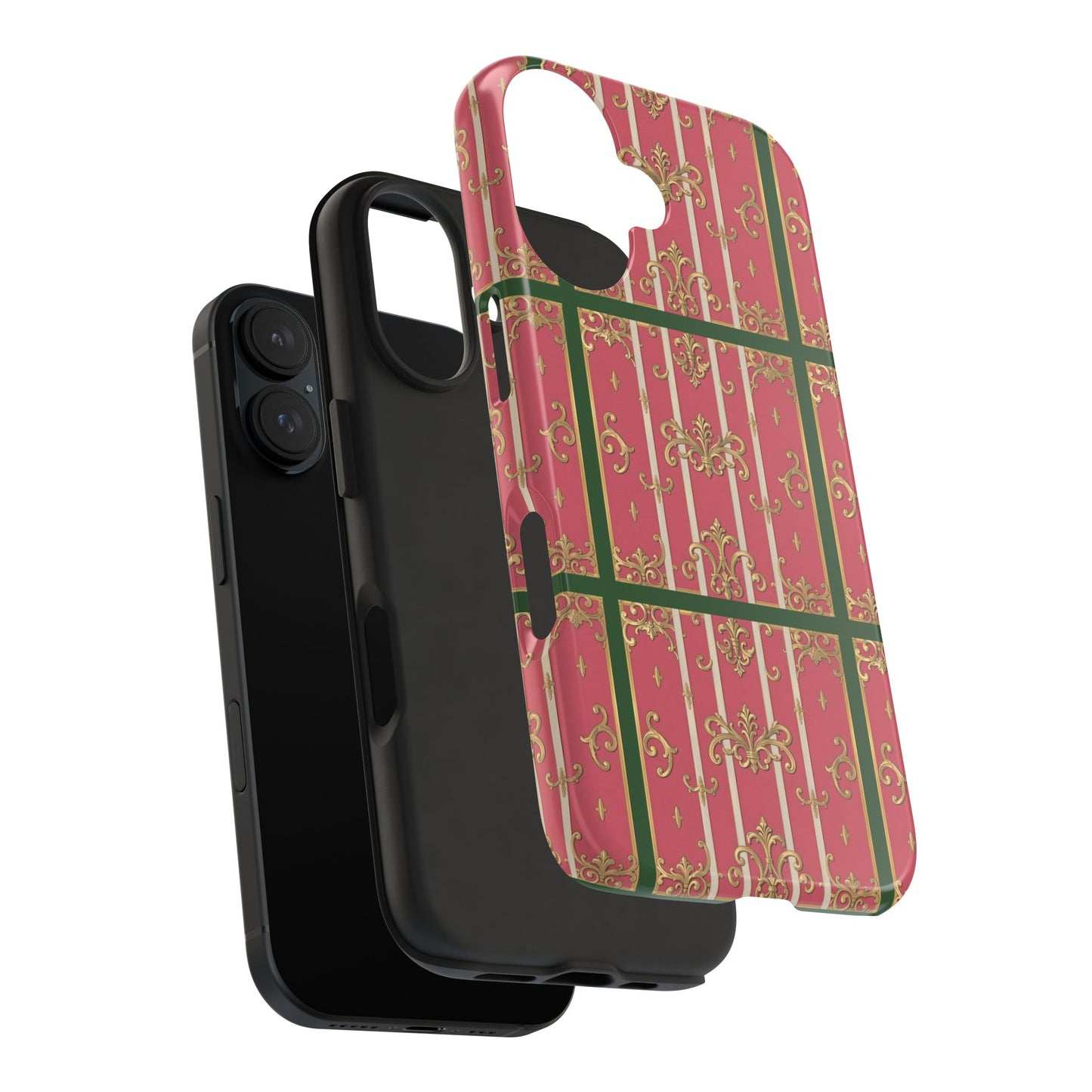 Elegant Green Border Pink Striped Baroque Phone Cases, Tough Phone Cases for Protection, Stylish Mobile Accessories, Gift for Her, Holiday Tech Gifts