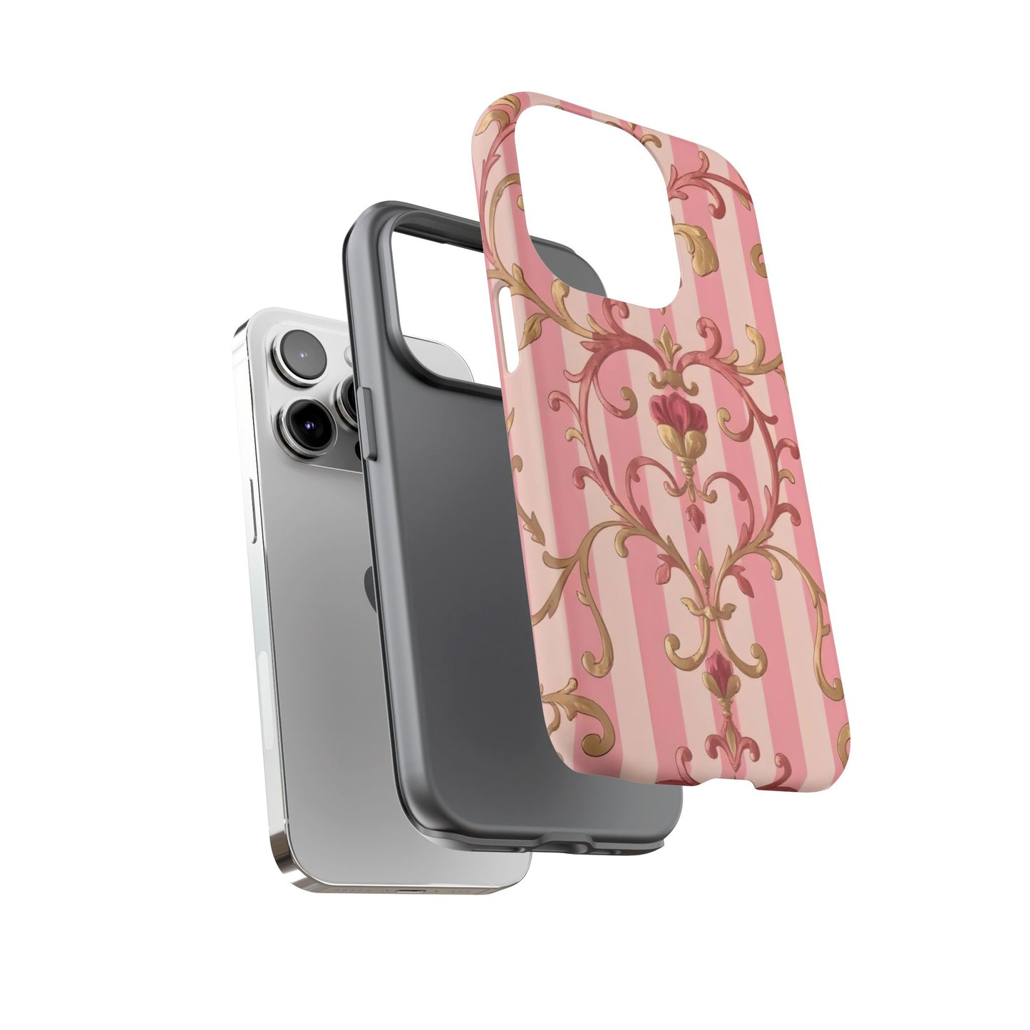 Elegant Floral Motif Phone Case - Tough Cases with Vintage Design - Pink Striped Rose Gold Damask