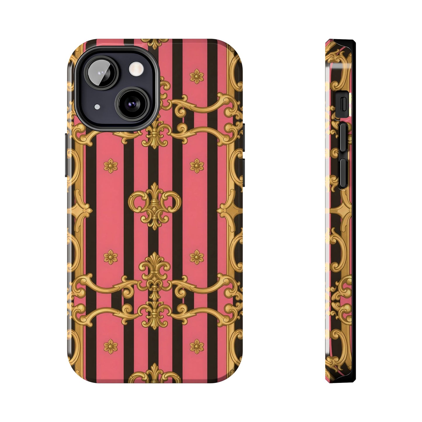 Elegant Baroque Tough Phone Cases, Stylish Protection, Gift for Her, Trendy Accessory - Pink & Black Striped Gold Baroque