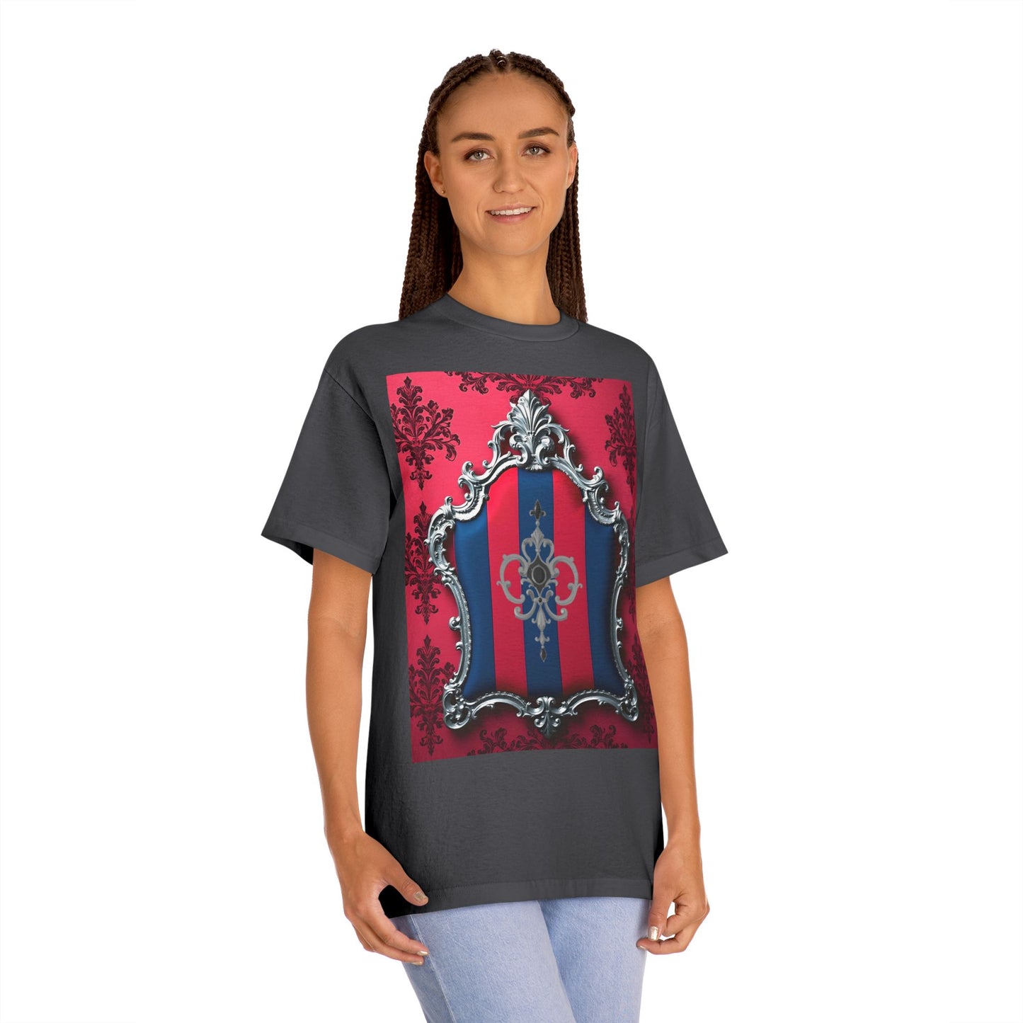 Vintage Couture Shield Unisex Classic Tee, Fashion T-Shirt, Gift for Fashion Lovers, Casual Wear, Unique Graphic Shirt - Blue & Red Striped Silver Crest