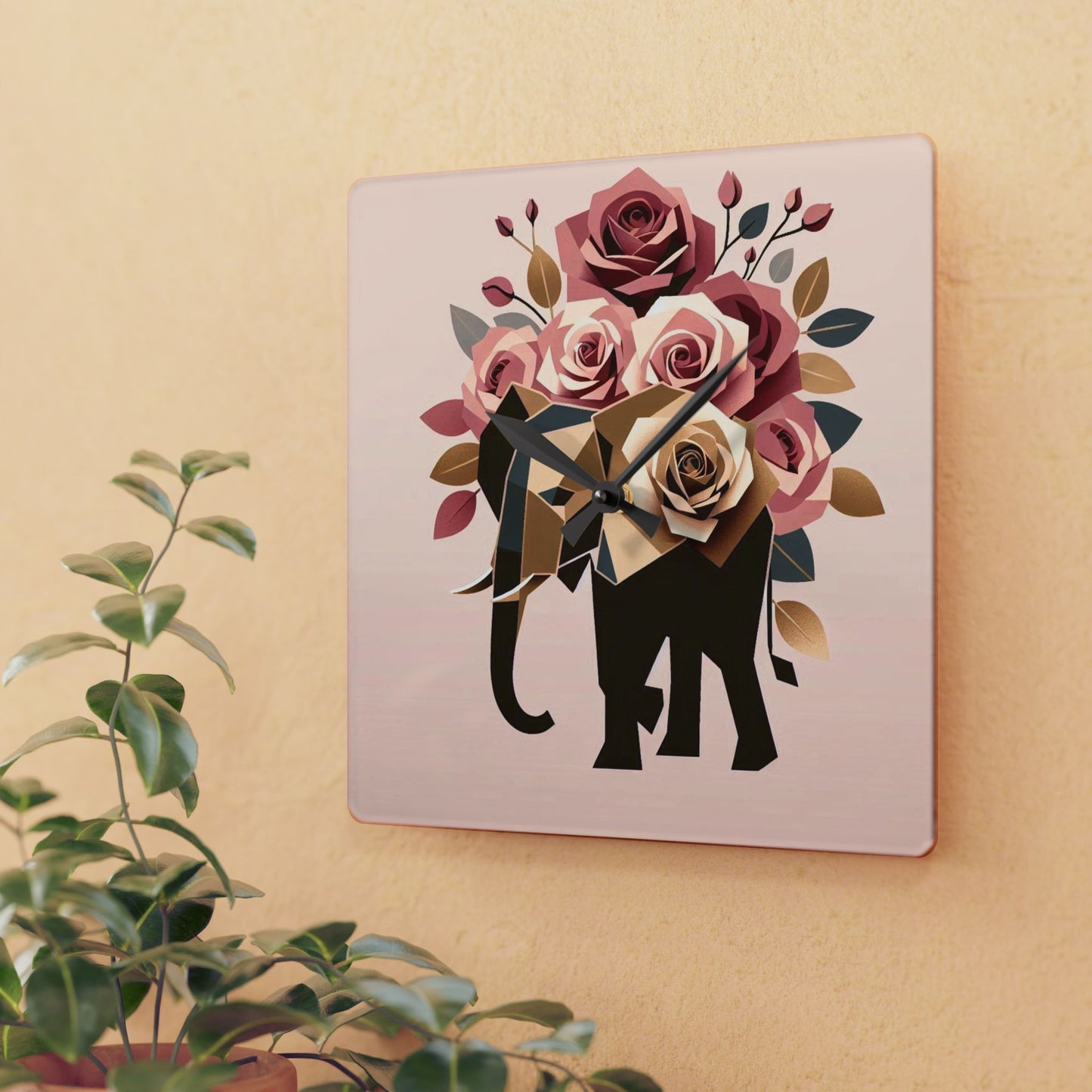 Bohemian Elephant-Inspired Acrylic Wall Clock with Floral Design -  Black & Gold Elephant & Roses Design