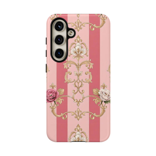 Elegant Floral Motif Phone Case - Tough Cases with Vintage Design - Pink Striped Roses & Damask