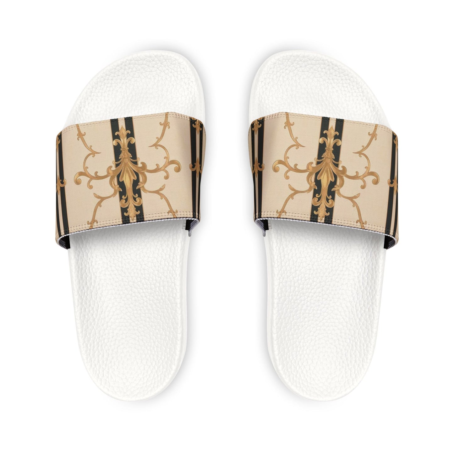 Chic Women's Sandals, Stylish Slip-On Footwear, Summer Essentials, Vacation Shoes, Trendy Outdoor Slides - Black & Beige Striped Damask