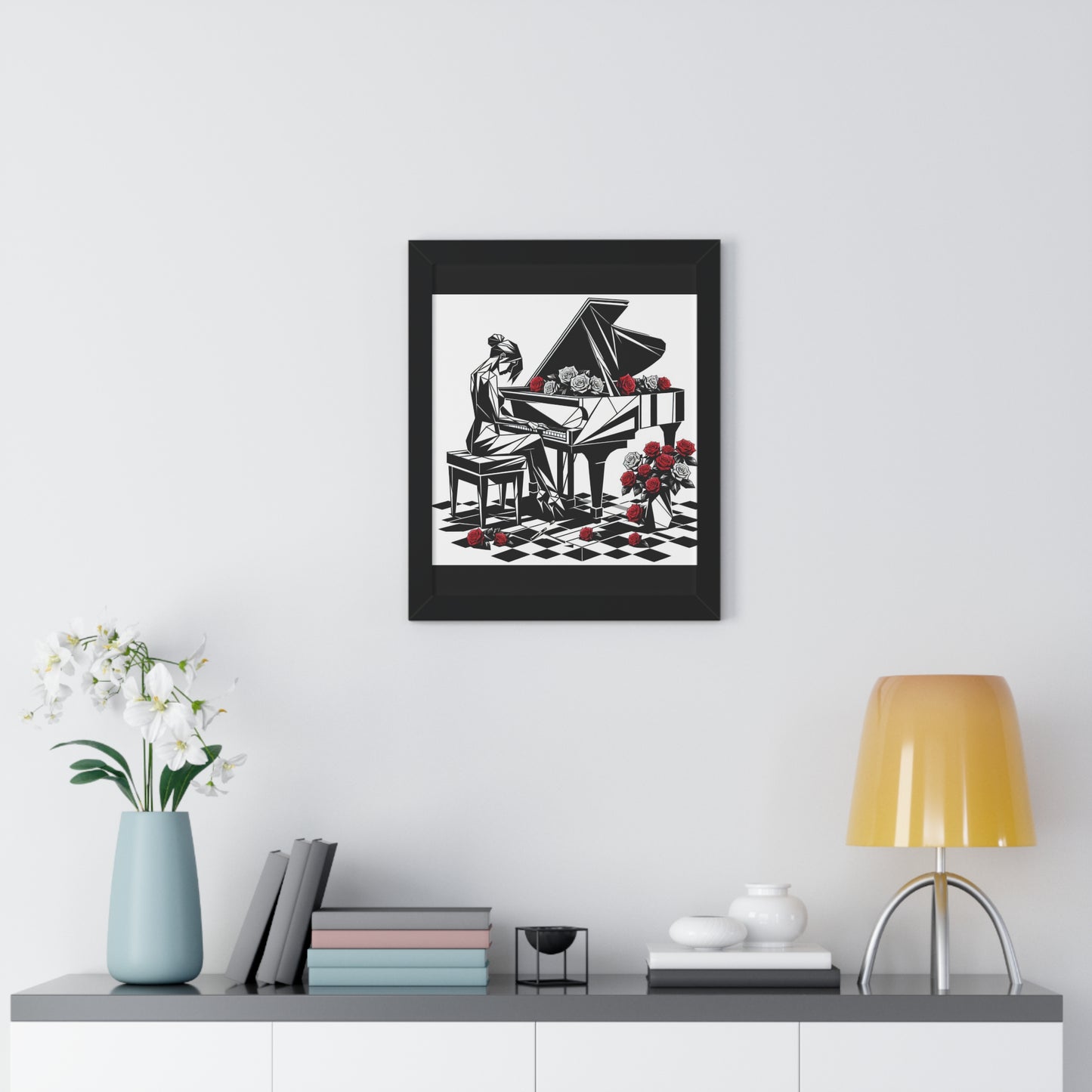 Vertical Poster - Black & White Grand Piano & Red Roses Wall Art