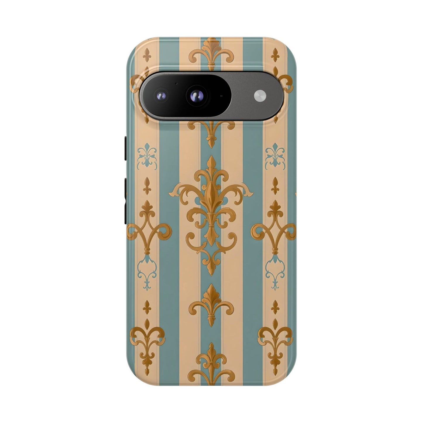 Elegant Floral Motif Phone Case - Tough Cases with Vintage Design -  Beige & Sky Blue Striped Gold Damask