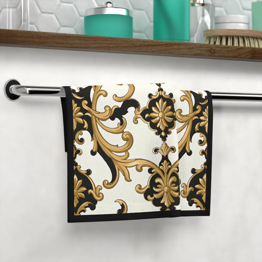 Elegant Floral Face Towel, Luxurious Bathroom Décor, Spa-Style Gift, Vintage Chic Design, Home Essentials, Bridal Shower Gift - Black & Gold Rococo
