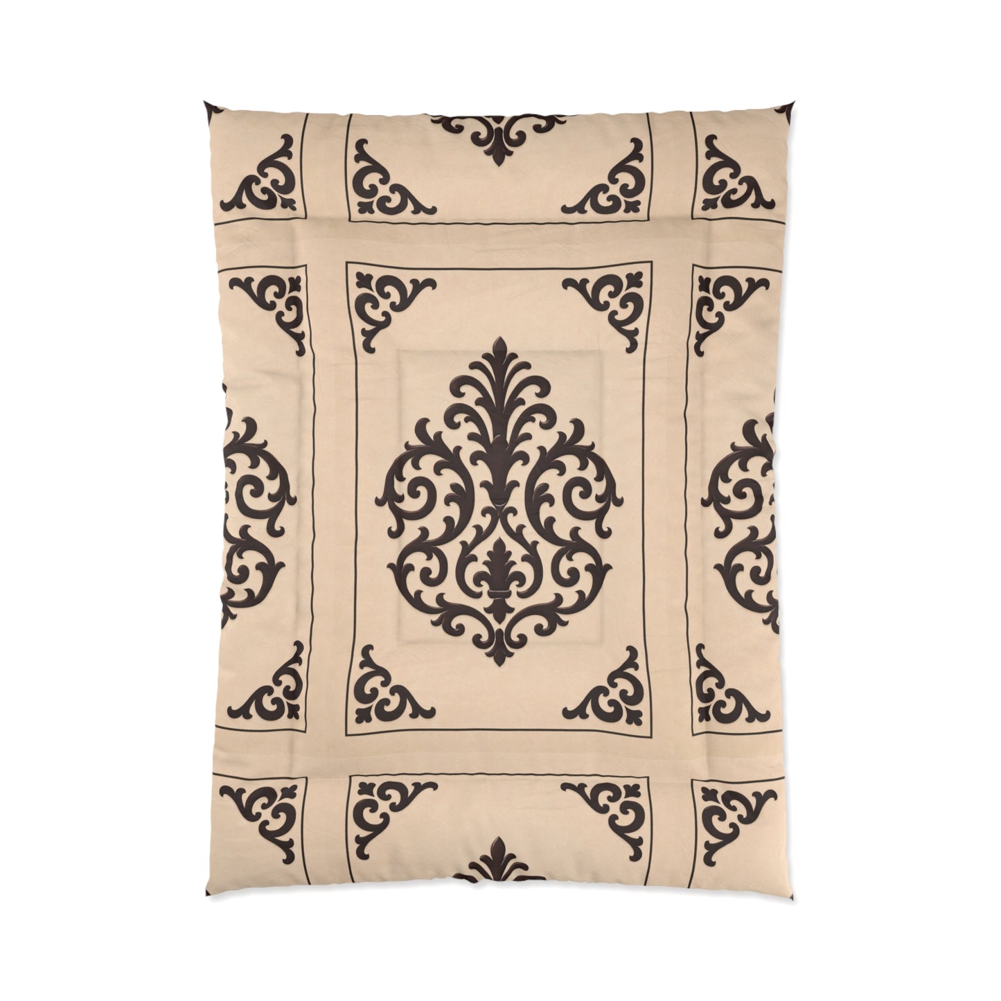 Almond-Beige & Brown Baroque Tile Comforter – Classic Beige & Espresso Decorative Bedding