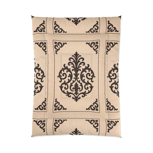 Almond-Beige & Brown Baroque Tile Comforter – Classic Beige & Espresso Decorative Bedding