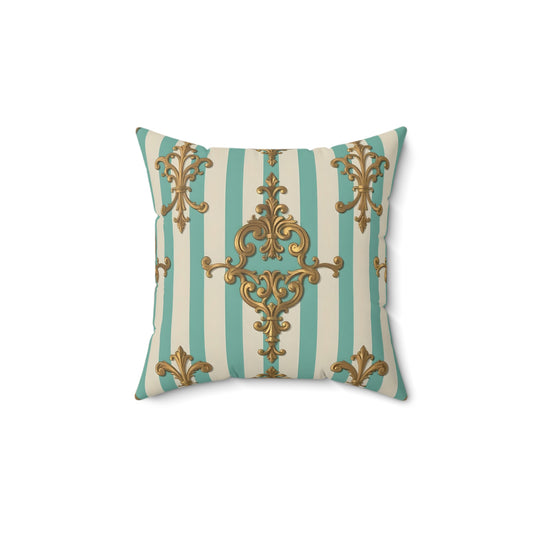 Elegant Vintage-Inspired Square Pillow, Home Decor Accent, Luxurious Throw Pillow - Matte Green Striped Rococo