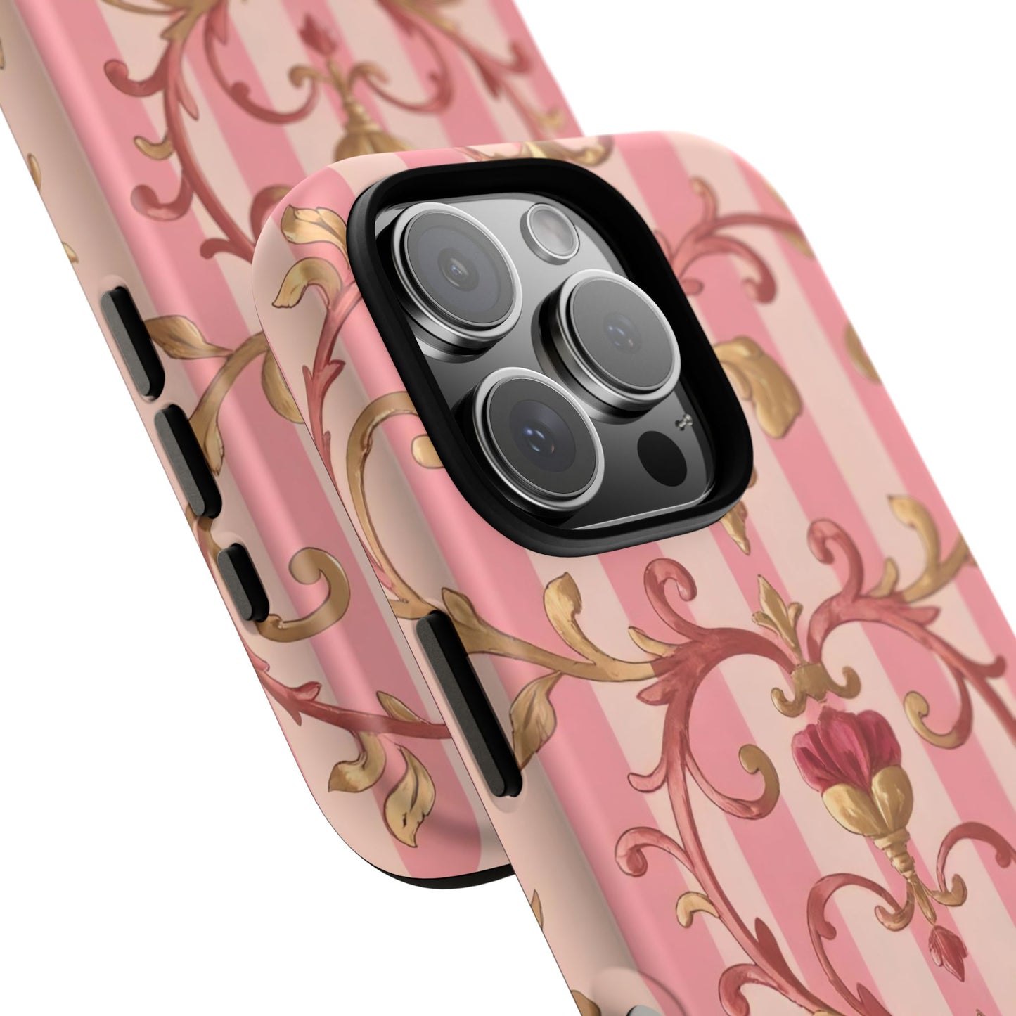 Elegant Floral Motif Phone Case - Tough Cases with Vintage Design - Pink Striped Rose Gold Damask