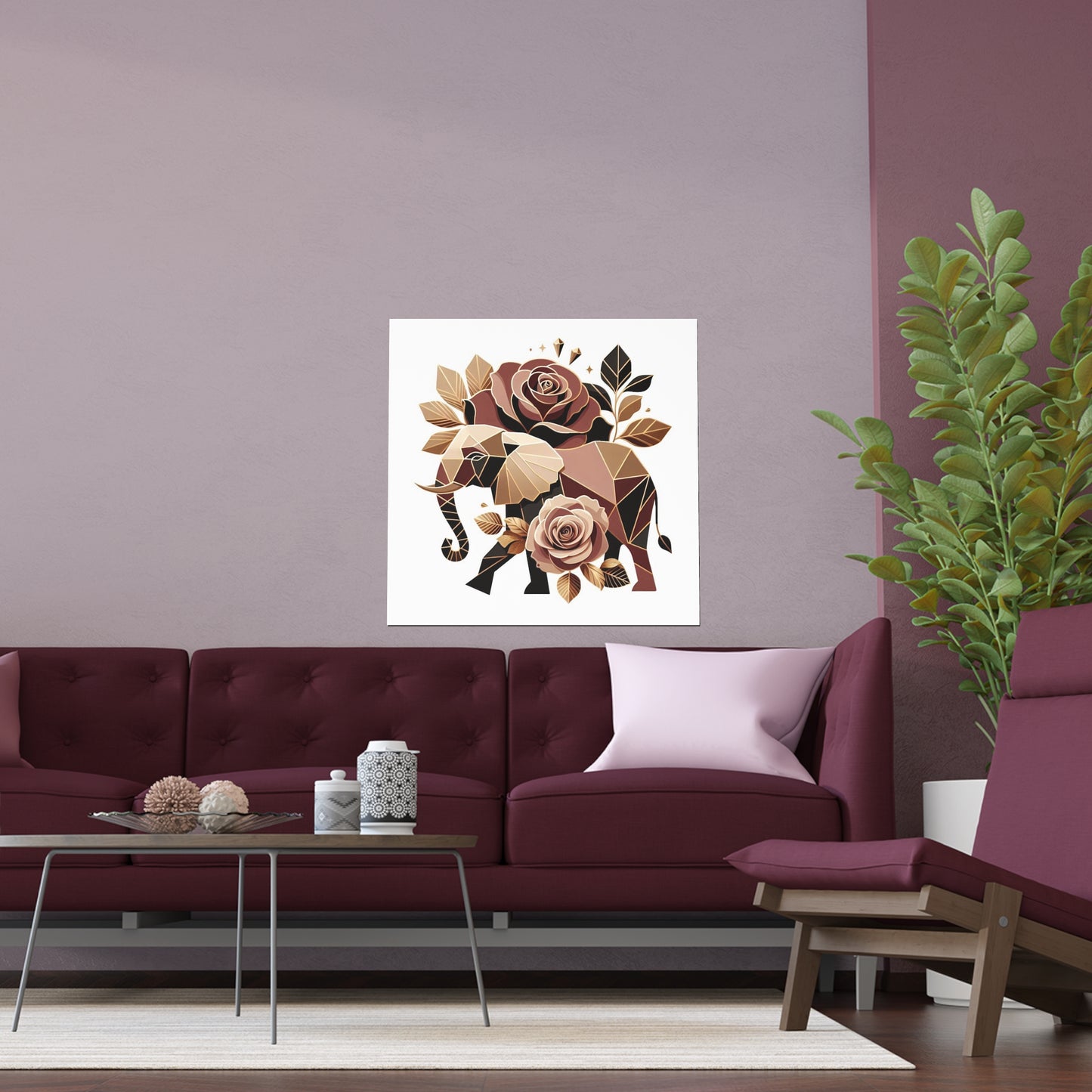 Elegant Floral Silk Poster - Indoor/Outdoor Wall Art for Home Decor - Brown & Gold Elephant & Roses