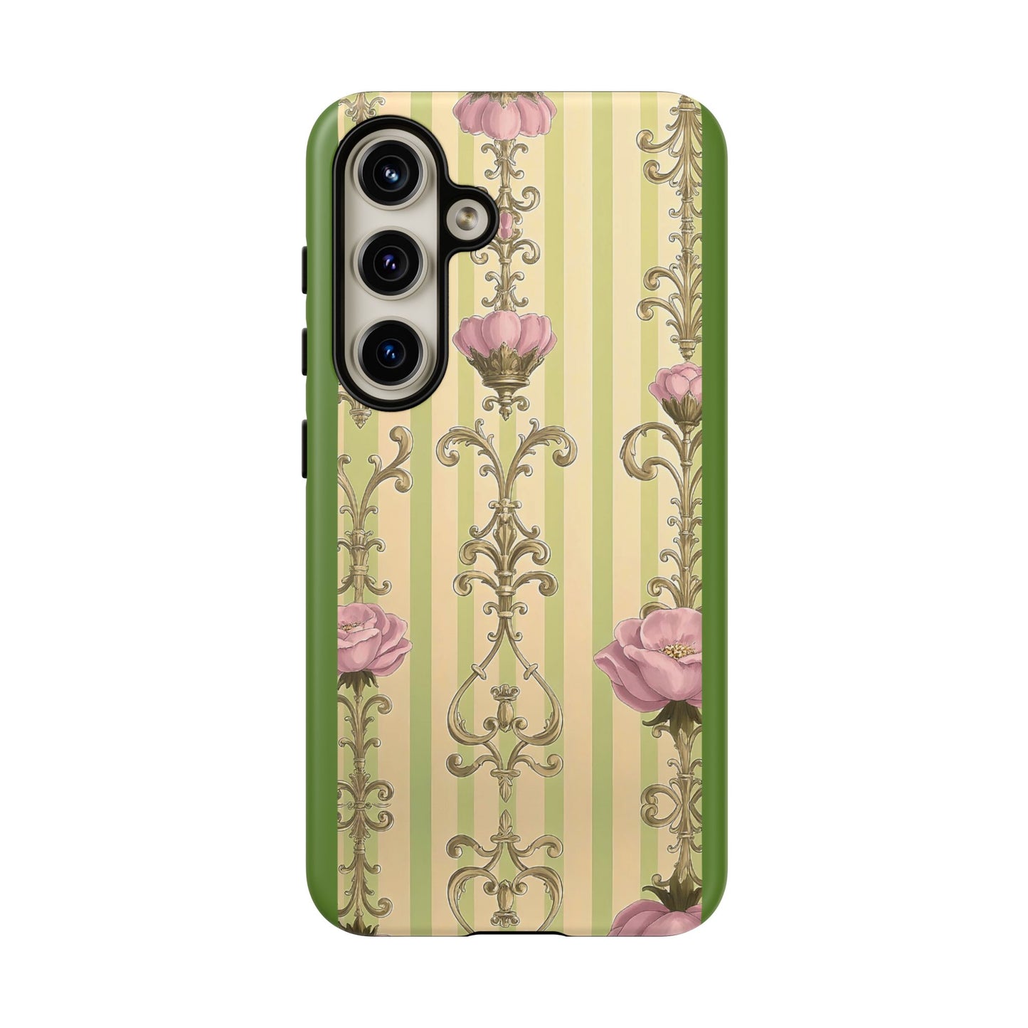 Elegant Floral Motif Phone Case - Tough Cases with Vintage Design - Lime Green & Pink Striped Damask