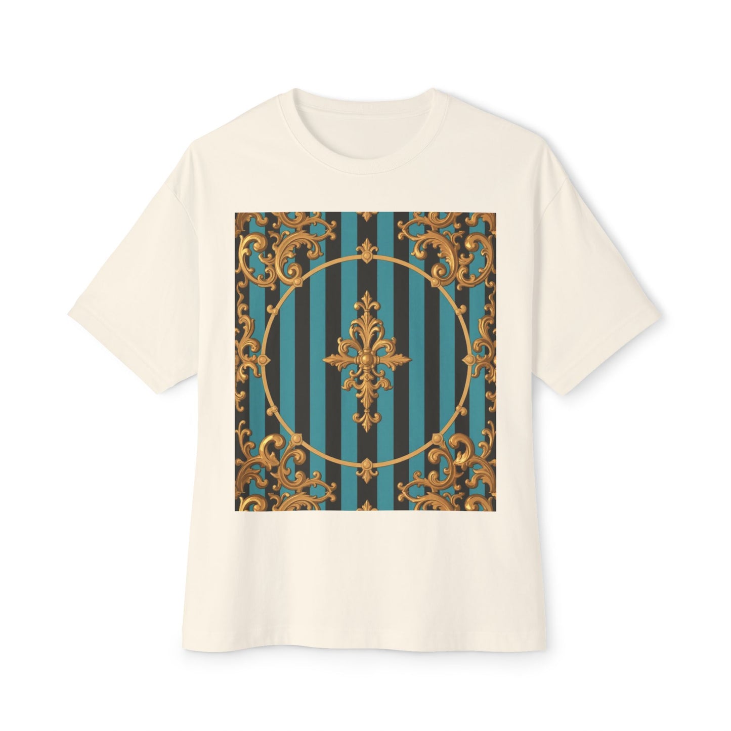 Stylish Turquoise & Black Striped Gold Baroque Unisex Oversized Boxy Tee, Retro Graphic Shirt, Casual Wear, Trendy Fashion, Unique Gift Idea