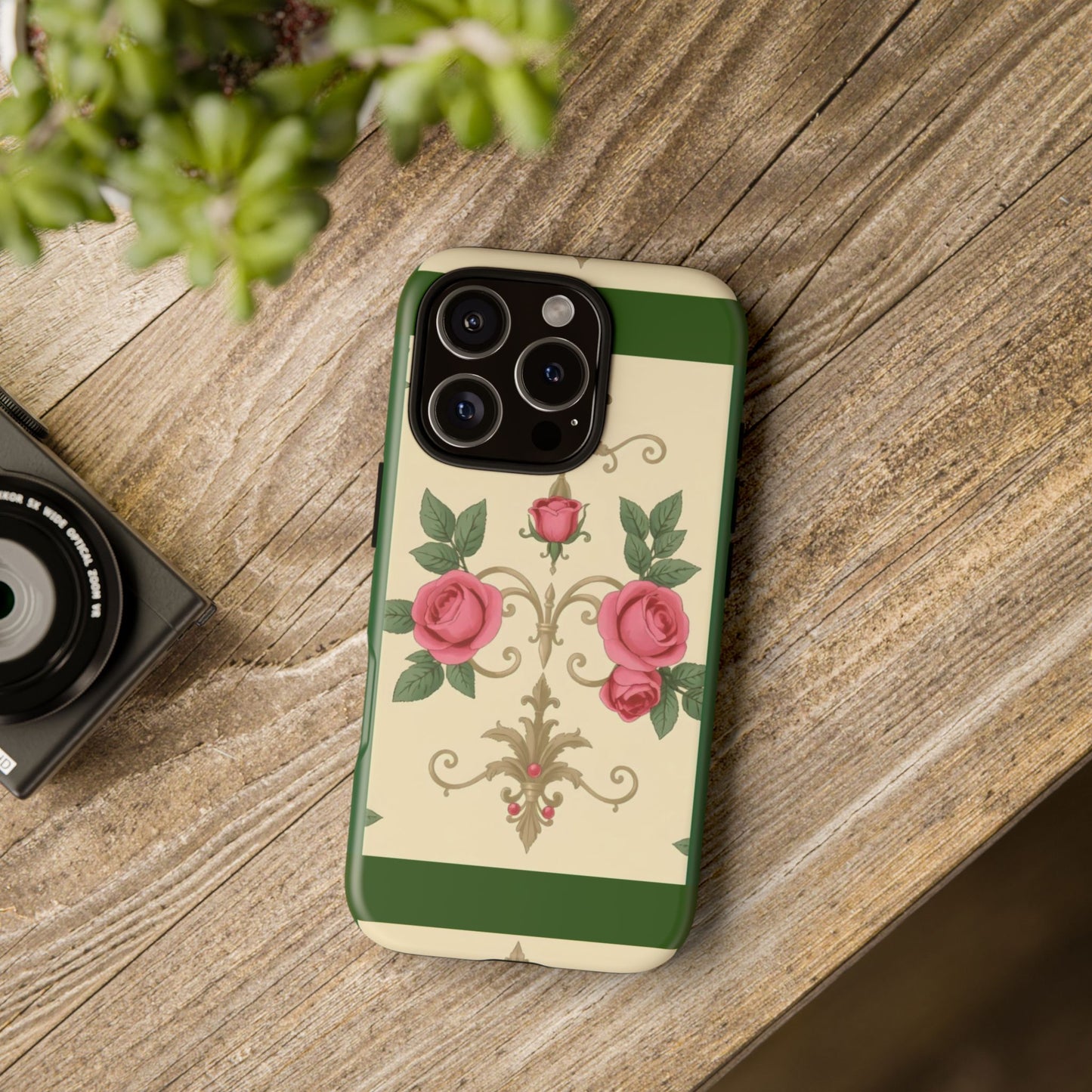 Elegant Floral Motif Phone Case - Tough Cases with Vintage Design - Green Border Roses & Damask