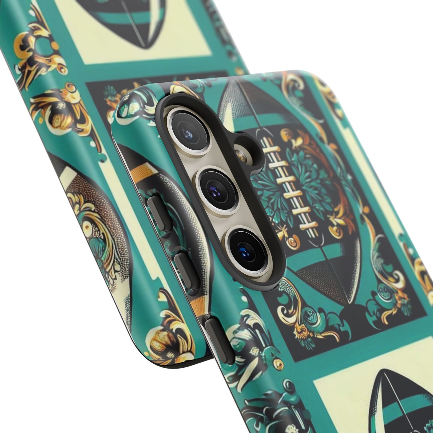 Elegant Floral Motif Phone Case - Tough Cases with Vintage Design -  Damask Teal, Gold & Black Footballs