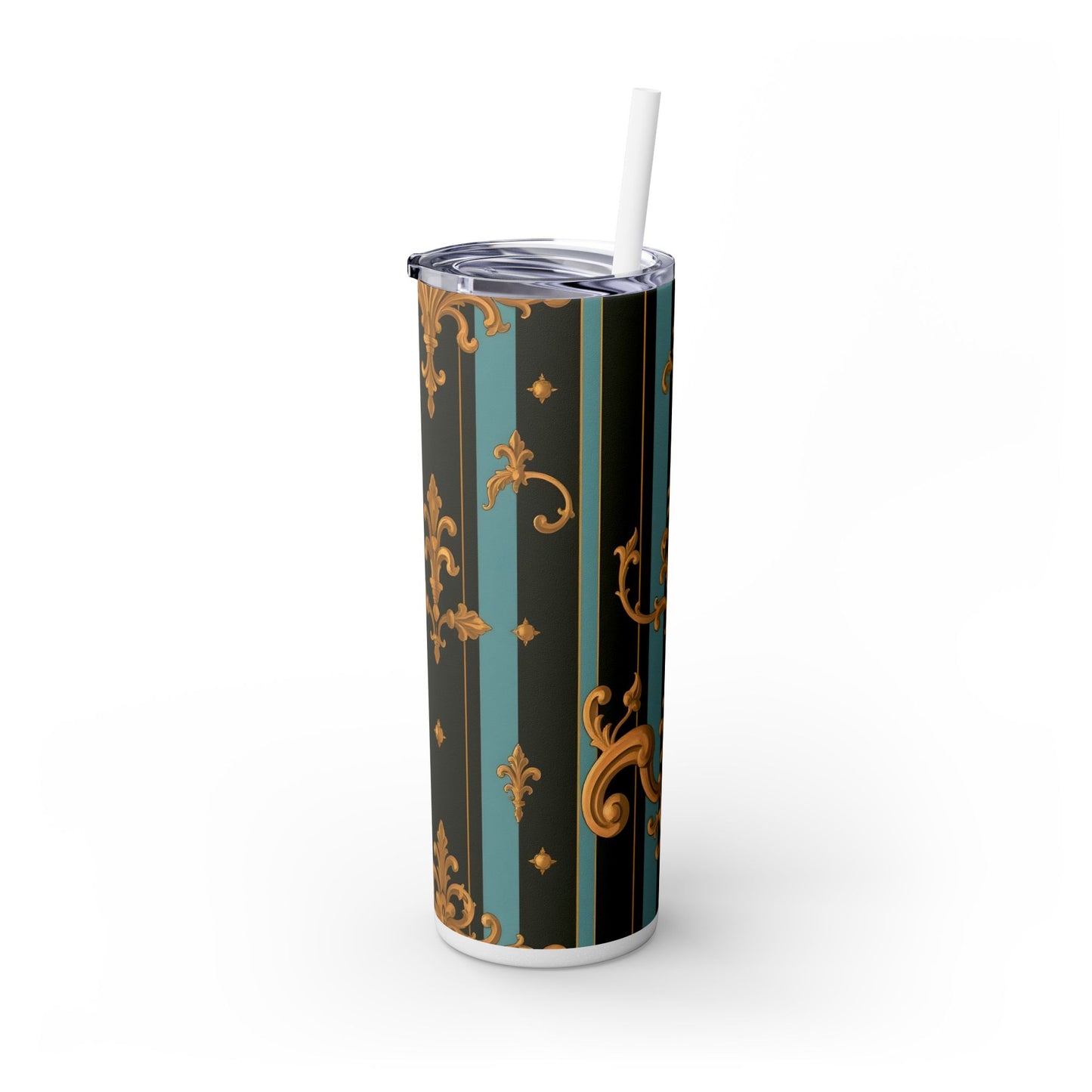 Elegant Vintage Skinny Tumbler with Straw, 20oz | Gold Floral Pattern, Reusable Drinkware, Perfect for Home - Black & Turquoise Striped Baroque