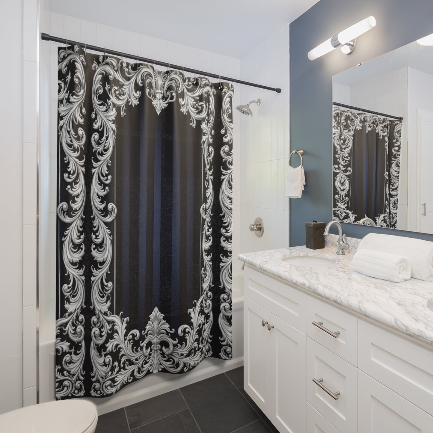 Navy Stripes & Baroque Shower Curtain — Elegant Navy Striped Bath Curtain with Ornate Silver Frame