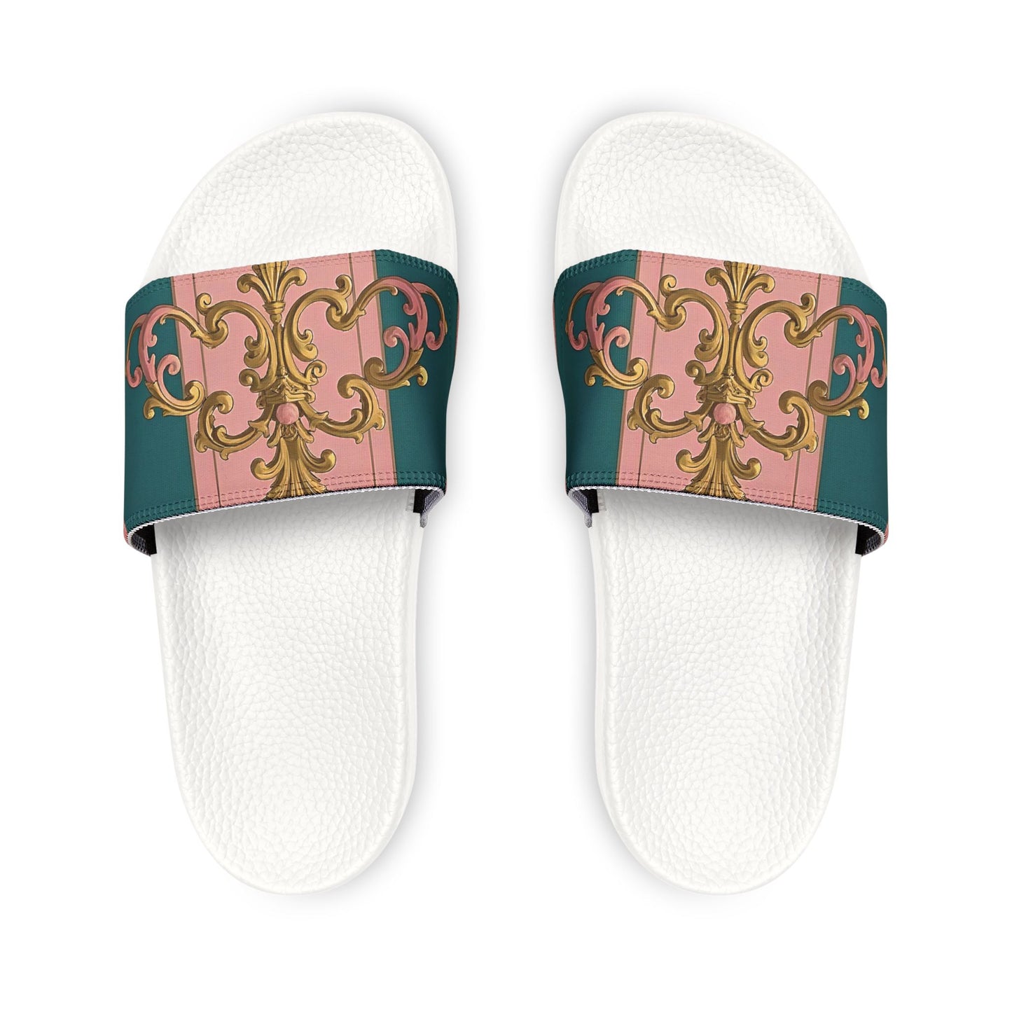 Chic Women's Sandals with Removable Straps, Stylish Summer Footwear, Comfortable Pool Slides - Pink & Teal Striped Gold Baroque