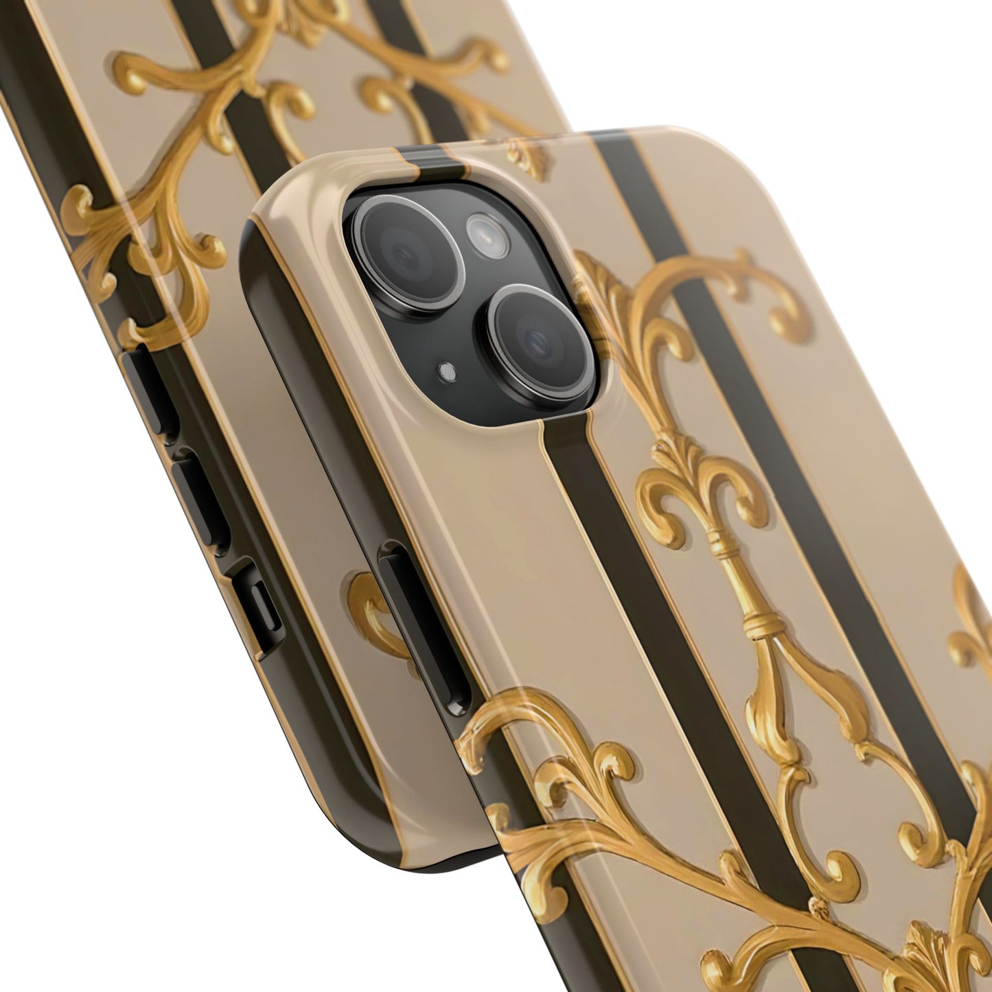 Elegant Vintage Tough Phone Case, Stylish Phone Cover, Boho Accessories, Perfect Gift for Her - Beige Striped Gold Rococo