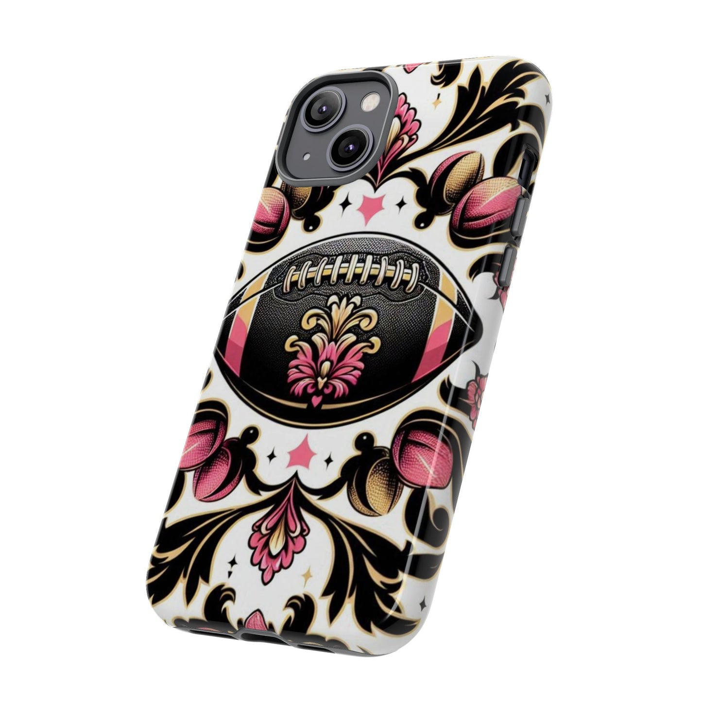 Elegant Floral Motif Phone Case - Tough Cases with Vintage Design - Damask White, Pink Gold & Black Football
