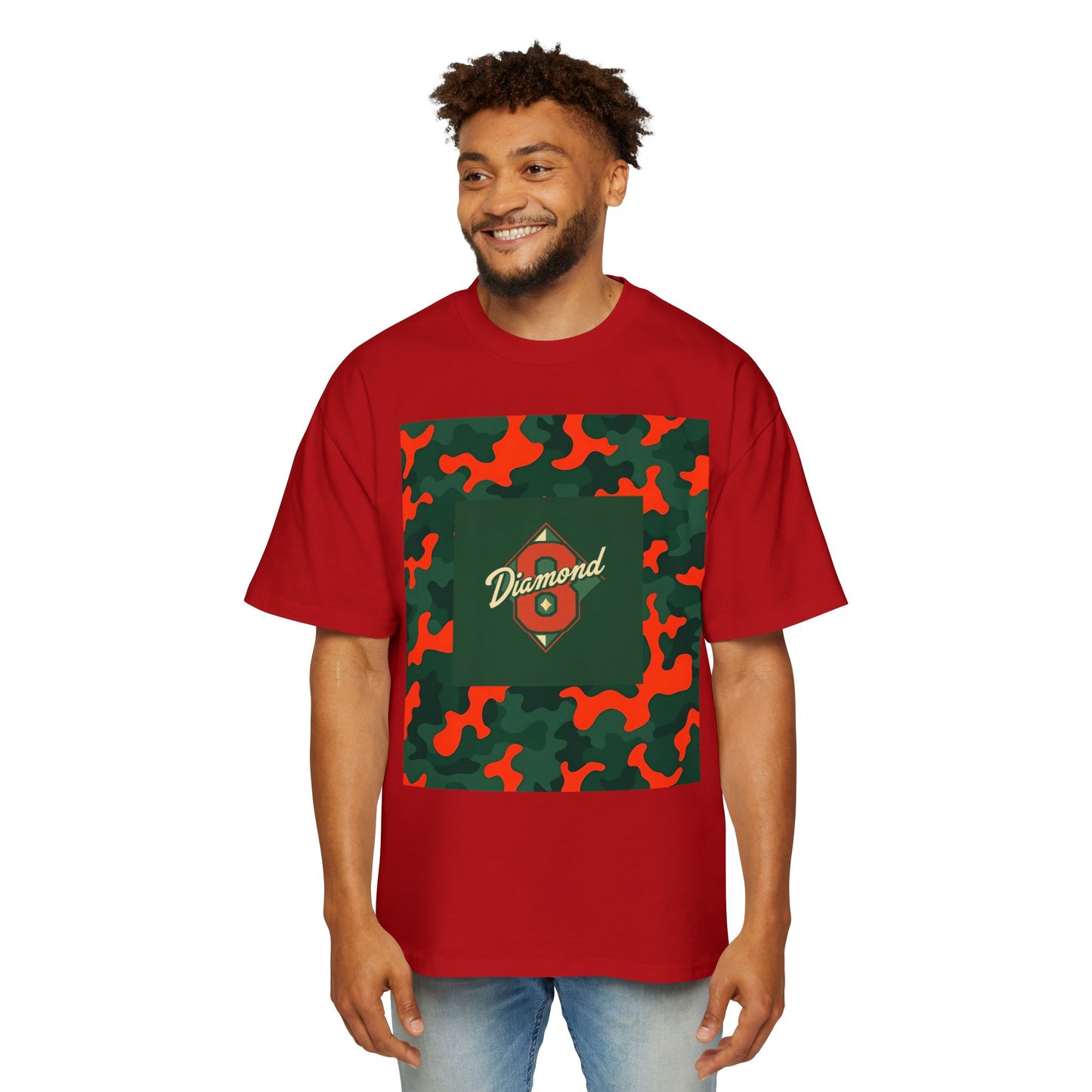 Men's Heavy Oversized Camouflage Tee, Casual Streetwear Shirt, Graphic T-Shirt, Comfortable Everyday Wear, Gift for Him - Green & Orange Camo Diamond 8