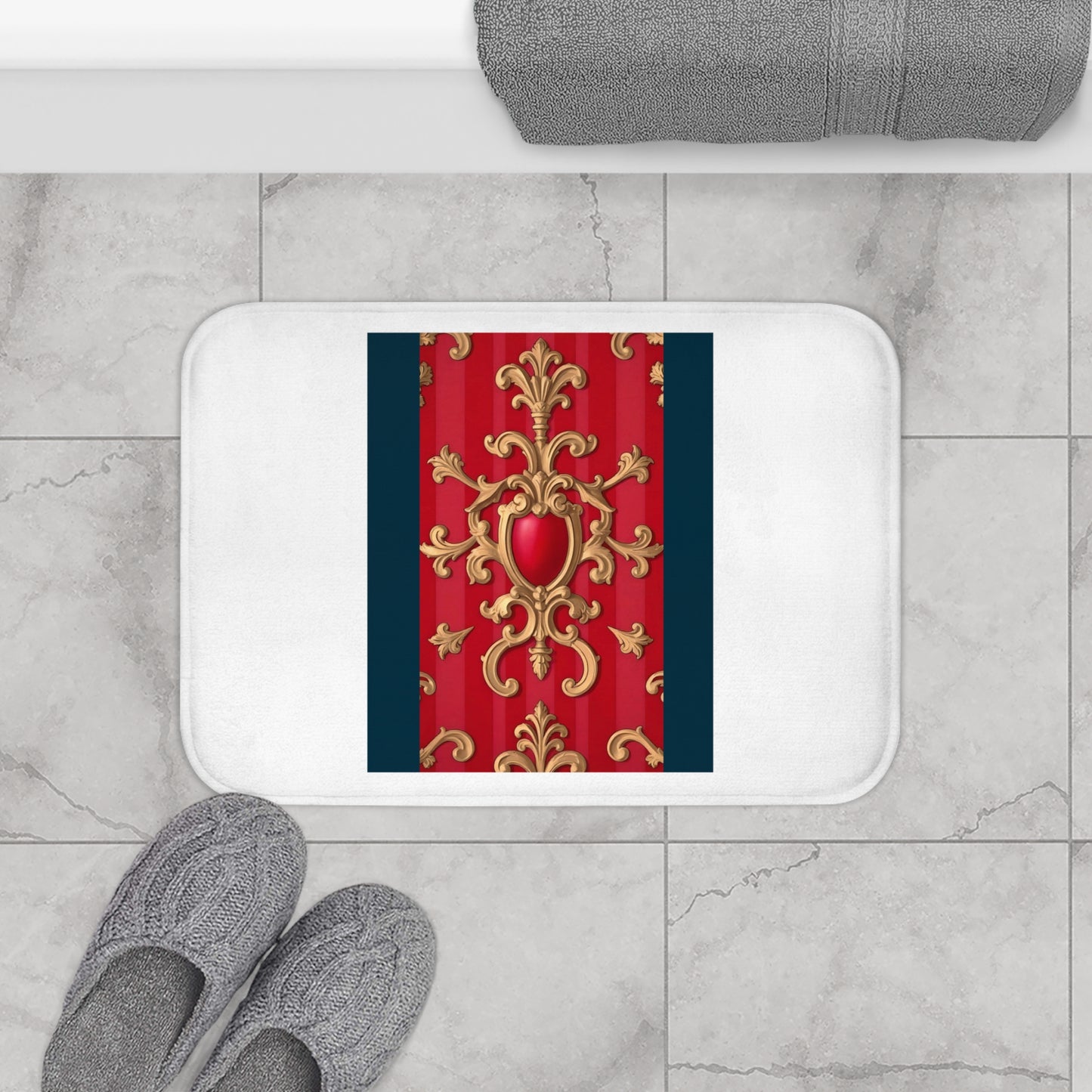 Elegant Red and Gold Decor Bath Mat, Luxurious Bathroom Accessory, Home Decor, Christmas Gift - Blue, Red & White Striped Baroque