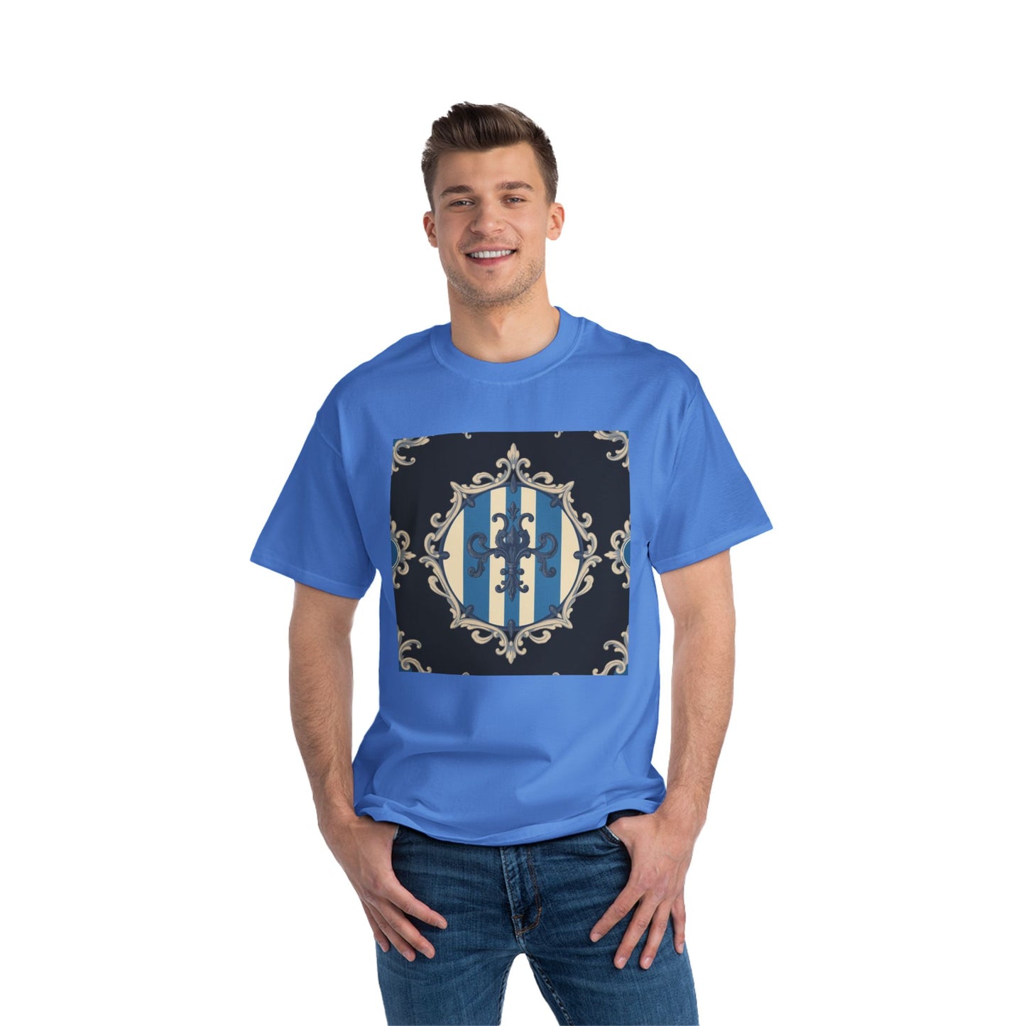 Elegant Blue & Alabaster Striped Baroque Short-Sleeve T-Shirt | Vintage Style, Graphic Tee, Casual Wear, Unisex Gift, Unique Design