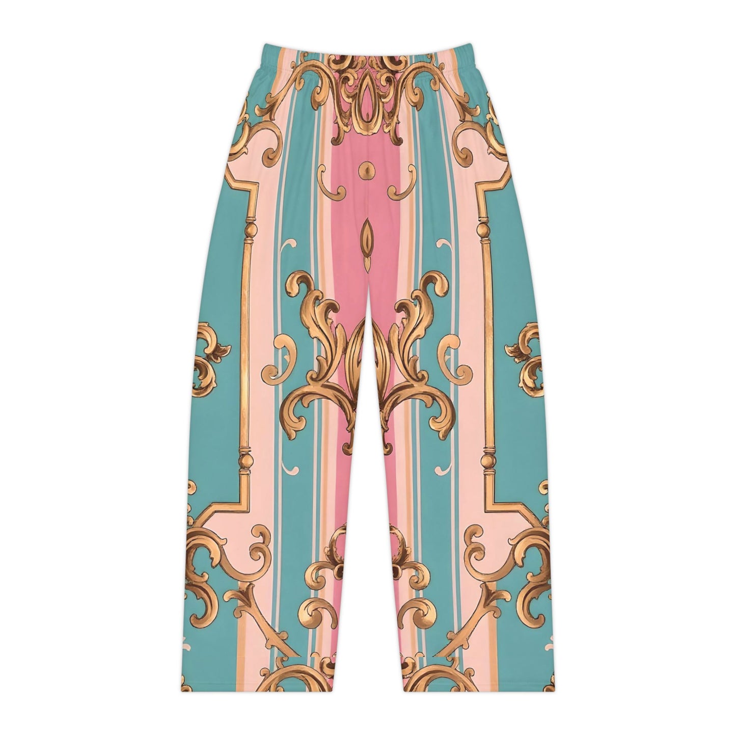Chic Women's Pajama Pants, Sleepwear, Loungewear, Gift for Her, Cozy Relaxation, Stylish PJs - Pink & Matte Turquoise Striped Rococo