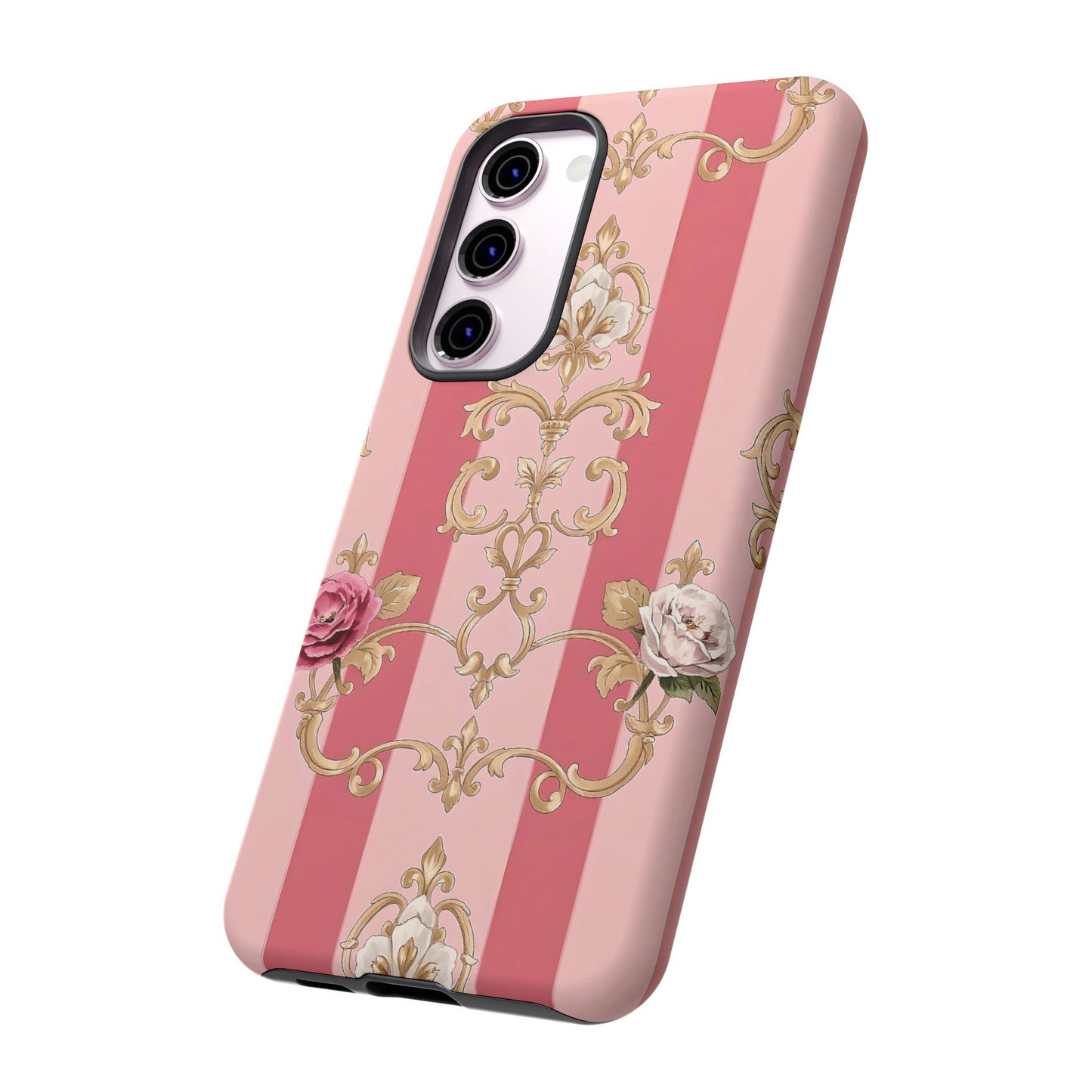 Elegant Floral Motif Phone Case - Tough Cases with Vintage Design - Pink Striped Roses & Damask