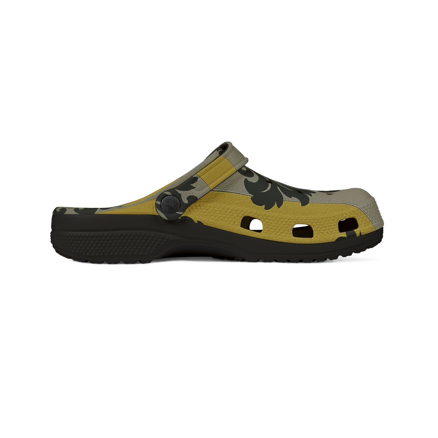 Chic EVA Foam Clogs in Vintage Baroque Design, Comfortable Garden Shoes, Lightweight Slip-On Footwear - Silver & Gold Striped Black Baroque