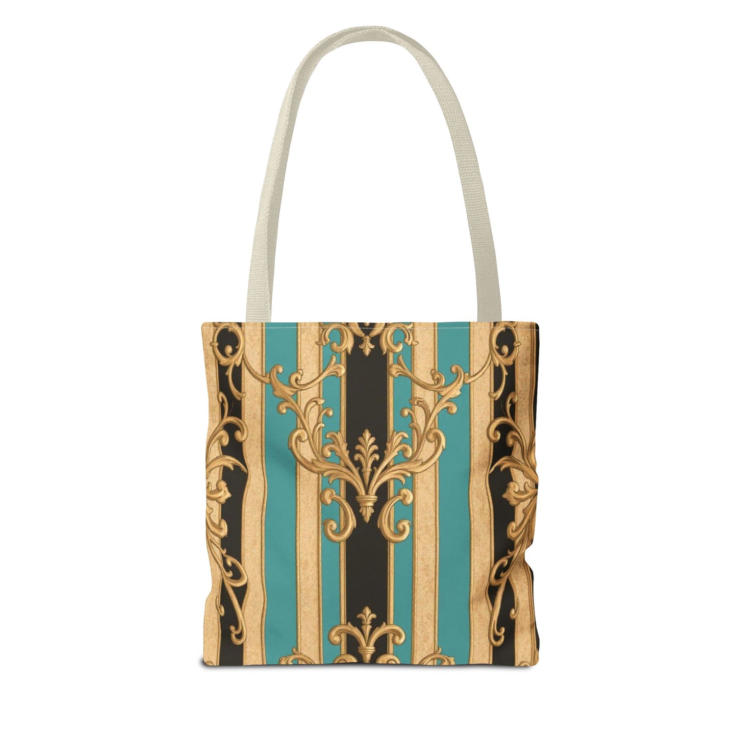 Elegant Black, Tan & Ocean Green Striped Gold Baroque Vintage Pattern Tote Bag, Stylish Carryall, Fashionable Handbag, Perfect Gift for Mother’s Day