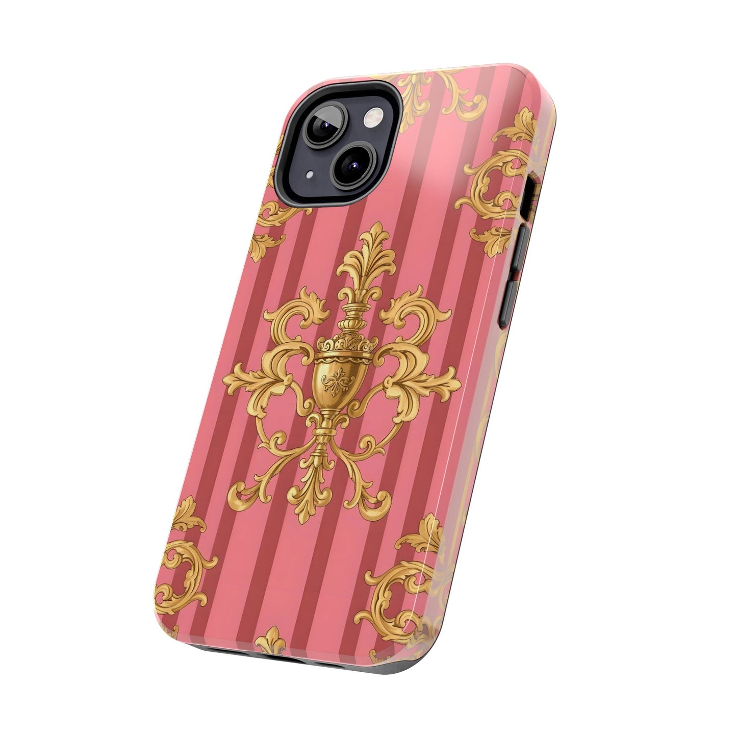 Elegant Baroque Tough Phone Cases, Durable Phone Cover, Stylish Accessory, Gift for Any Occasion - Pink Striped Gold Baroque
