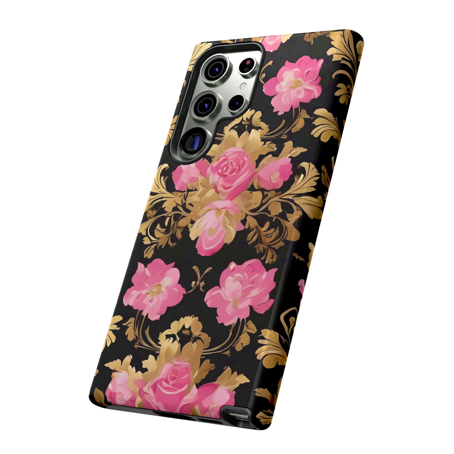 Elegant Floral Motif Phone Case - Tough Cases with Vintage Design - Pink & Gold Roses