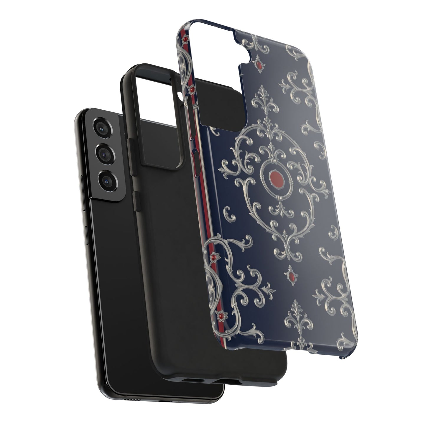 Elegant Patterned Tough Phone Cases for Stylish Protection, Gift for Her, Unique Accessories - Blue & Red Striped Silver Baroque
