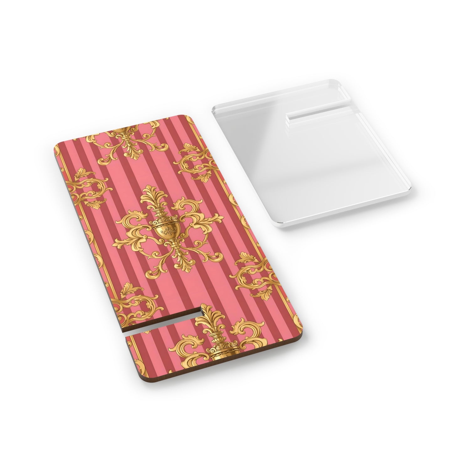 Elegant Smartphone Display Stand, Decorative Phone Holder, Chic Desk Accessory, Stylish Gift for Her - Pink Striped Gold Baroque